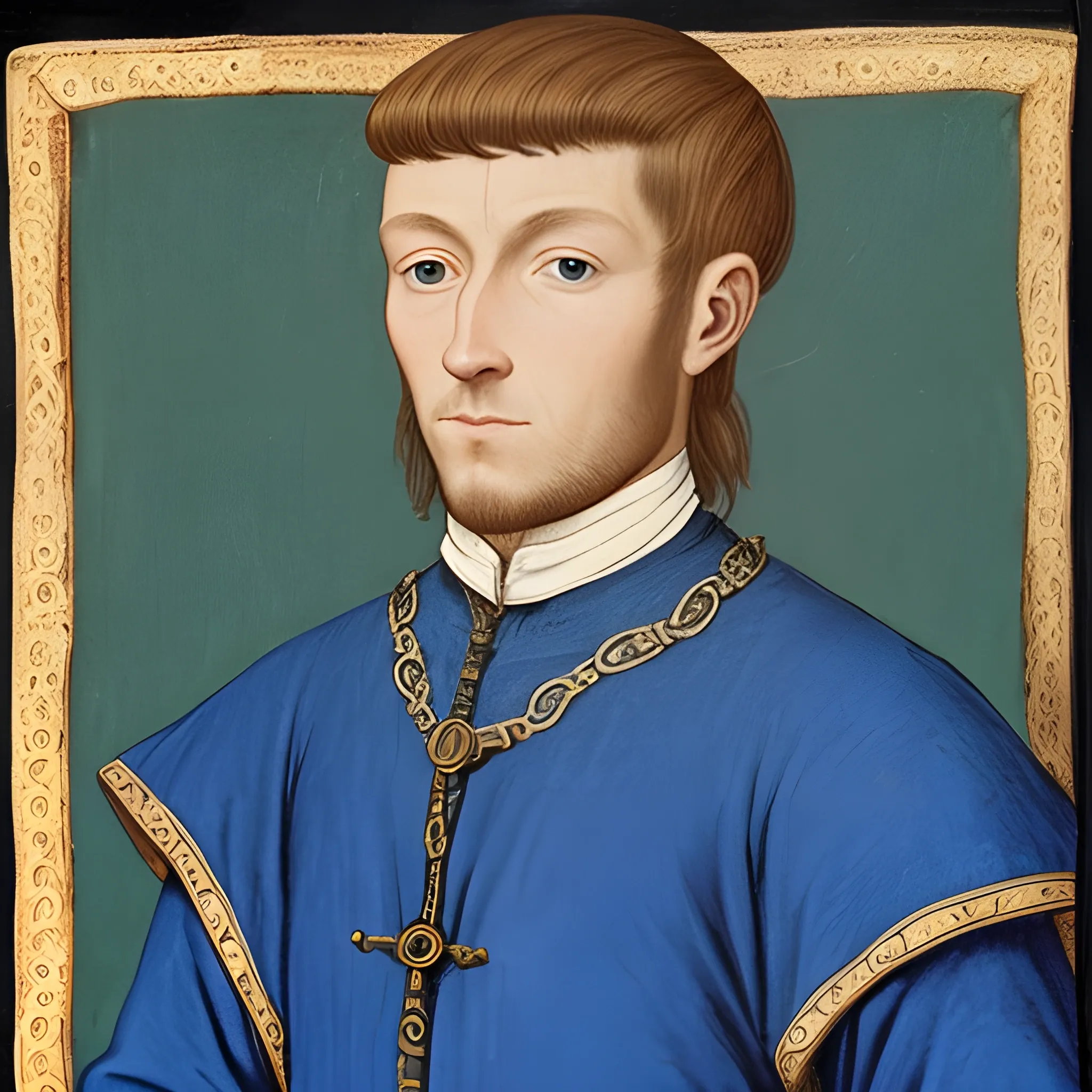 effete, well dressed medieval illuskan male human, wearing blue clothing.  No picture frame, and include the whole head.