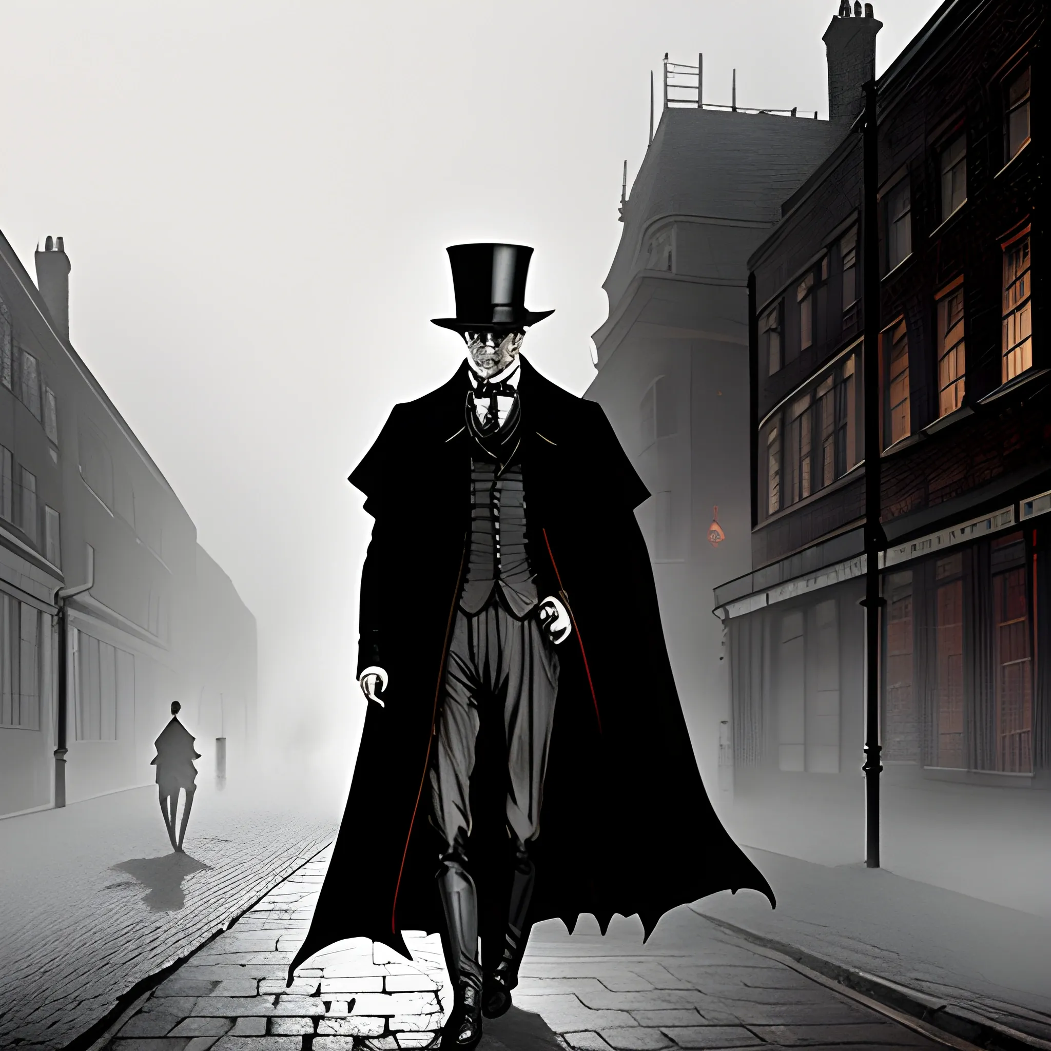 Jack the Ripper lurking in the foggy streets of London, 1888, dressed in a dark cloak, the glow of a gas lamp casting long shadows, hyper-realistic style, looking in front of the camera