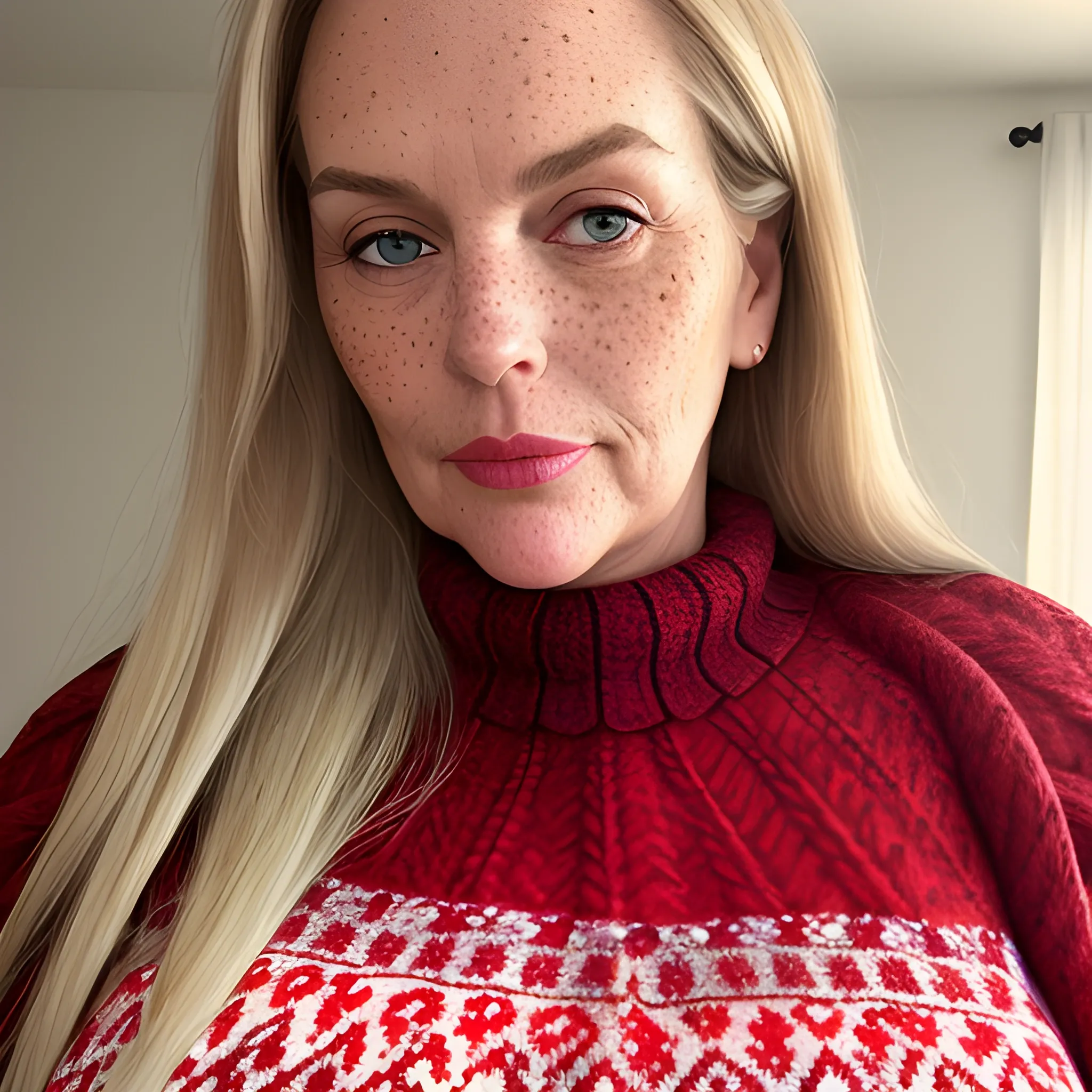 Tall beautiful plus-sized, ample, buxom, early middle-aged French Woman, long straight blonde hair, full lips, full face, freckles, red patterned sweater, looking down at the camera, up close pov, detailed 