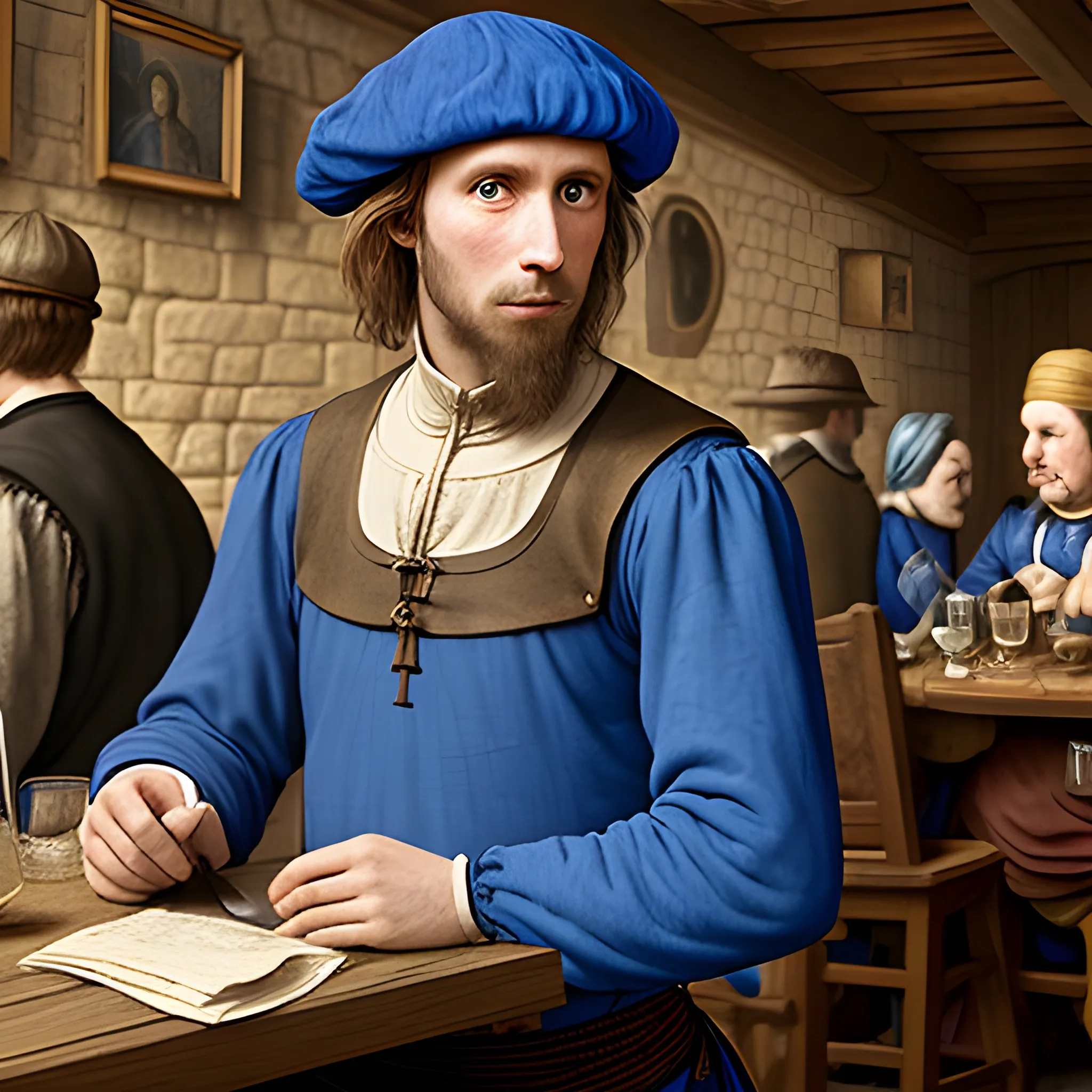 effete, well dressed medieval Illuskan male human, wearing blue clothing, in a tavern