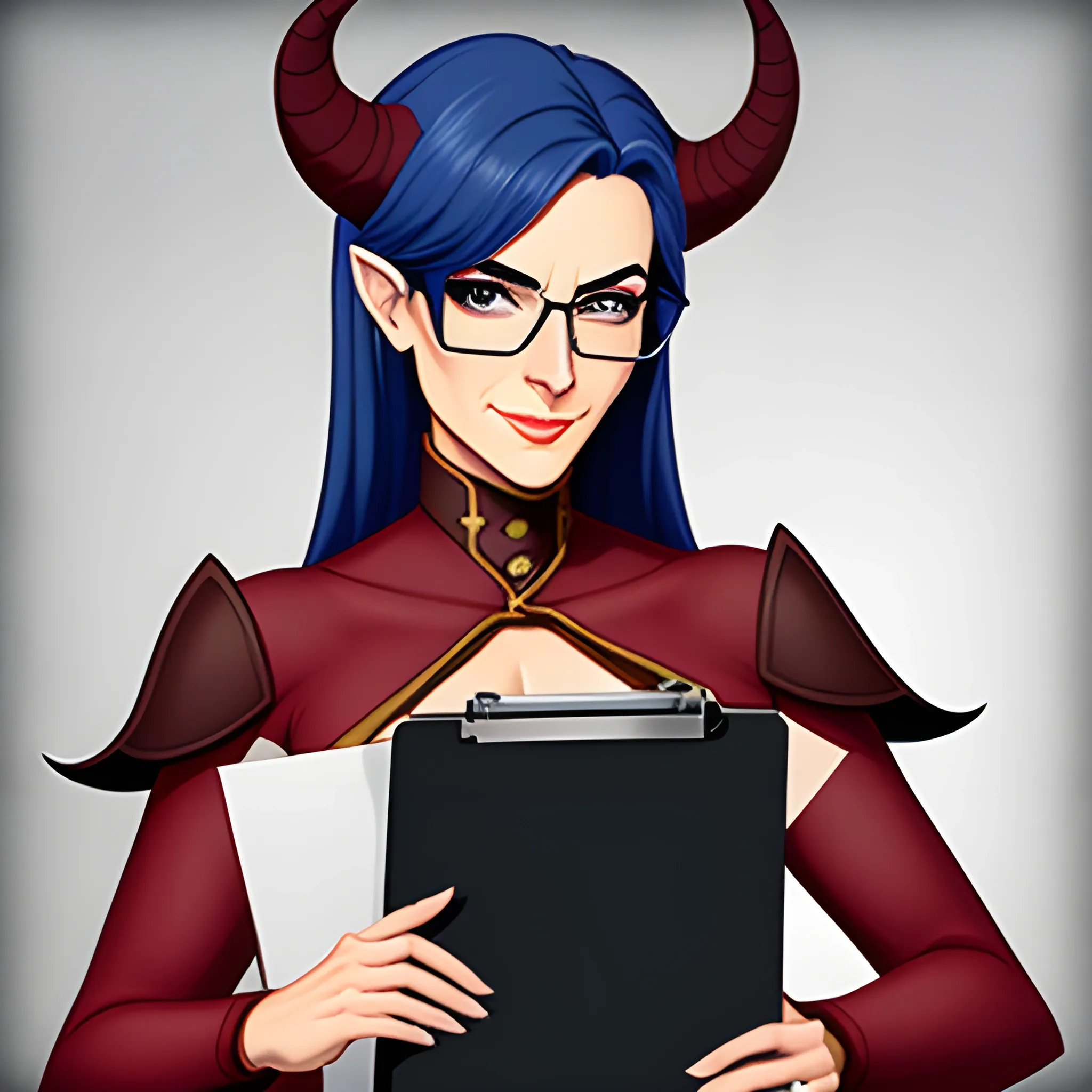 young tiefling woman wearing glasses and carrying a clipboard
