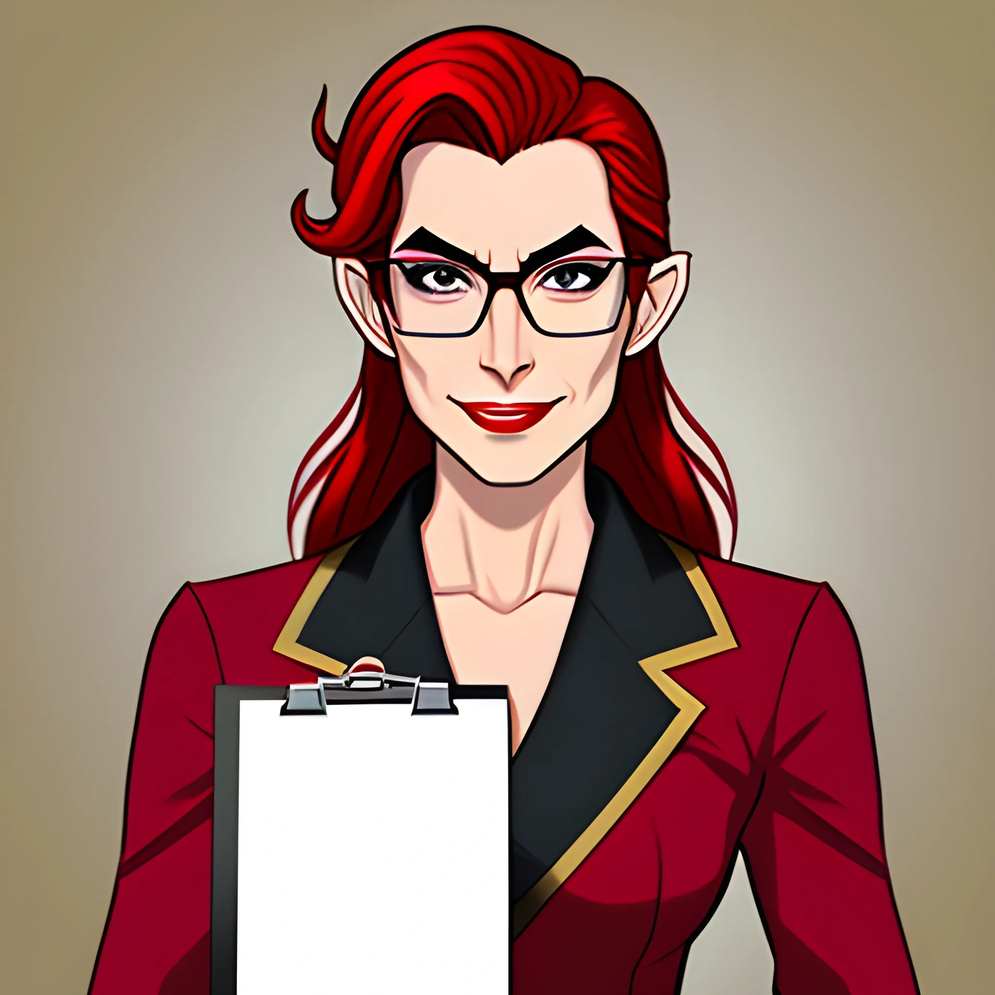 young, red skinned tiefling woman wearing glasses and carrying a clipboard
