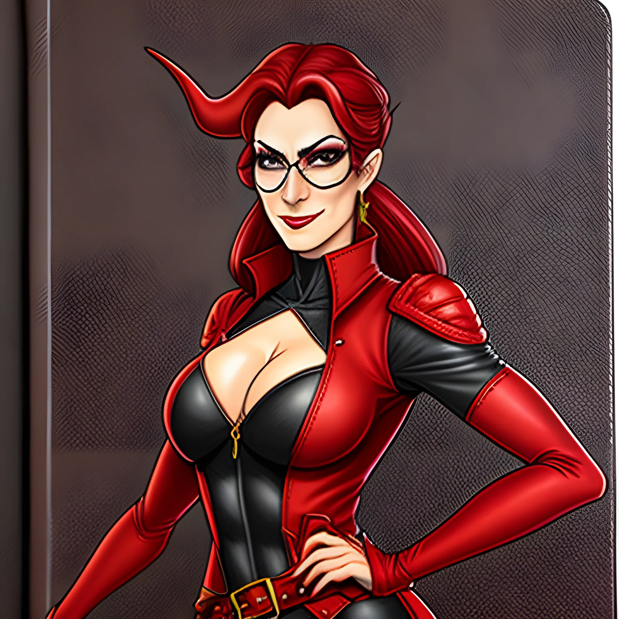 young, red skinned tiefling woman wearing glasses and carrying a leather notepad with pencil
