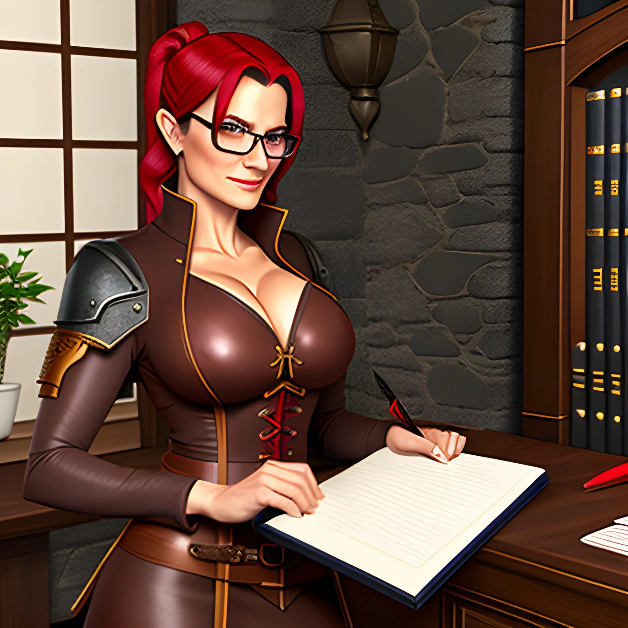 young, professionally dressed, tiefling woman with redish skin, wearing glasses and carrying a leather notepad with pencil, standing in a medieval office
