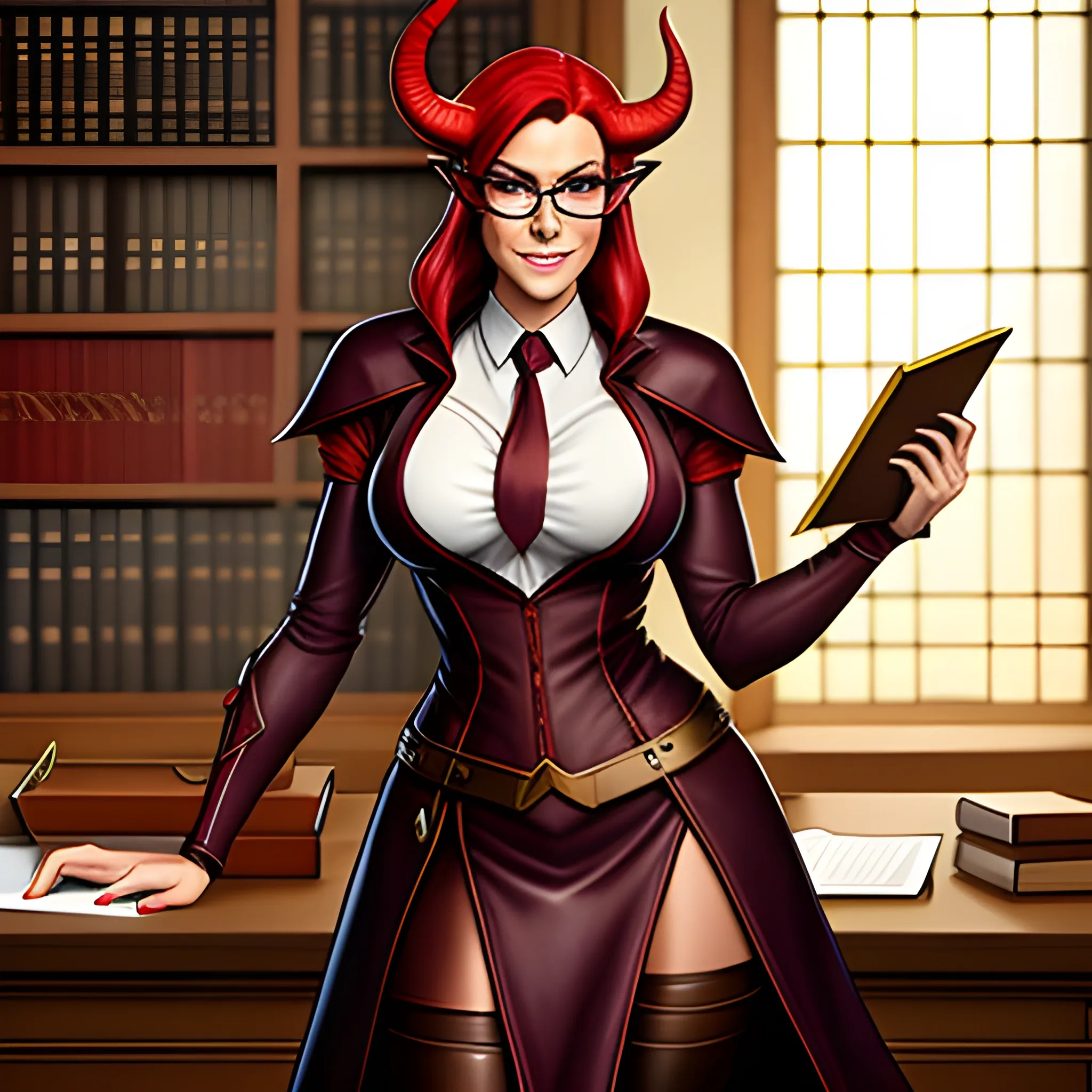 young, professionally dressed, tiefling woman with redish skin, wearing glasses. She is carrying a leather notepad with pencil, standing in a medieval office, ready to take notes.  Her horns are small, straight, and pointy.
