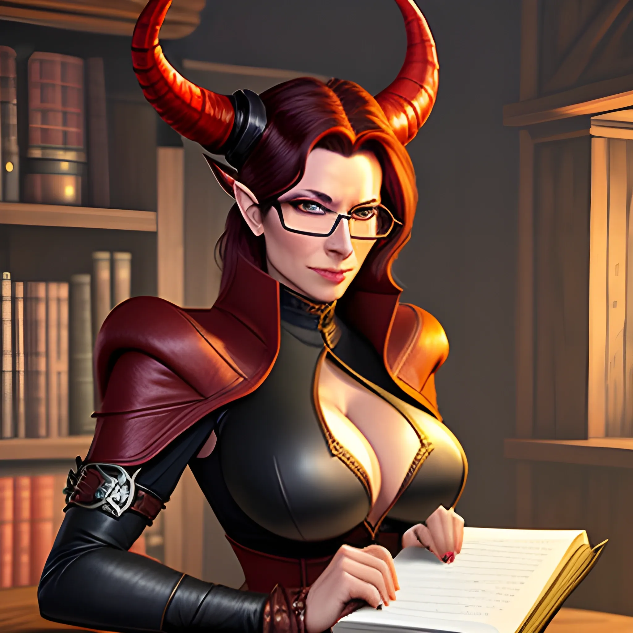 young, professionally dressed, tiefling woman with redish skin, wearing glasses. She is carrying a leather notepad with pencil, standing in a medieval office, ready to take notes.  Her horns are small, straight, and pointy.  Her clothing obscures her boobs.
