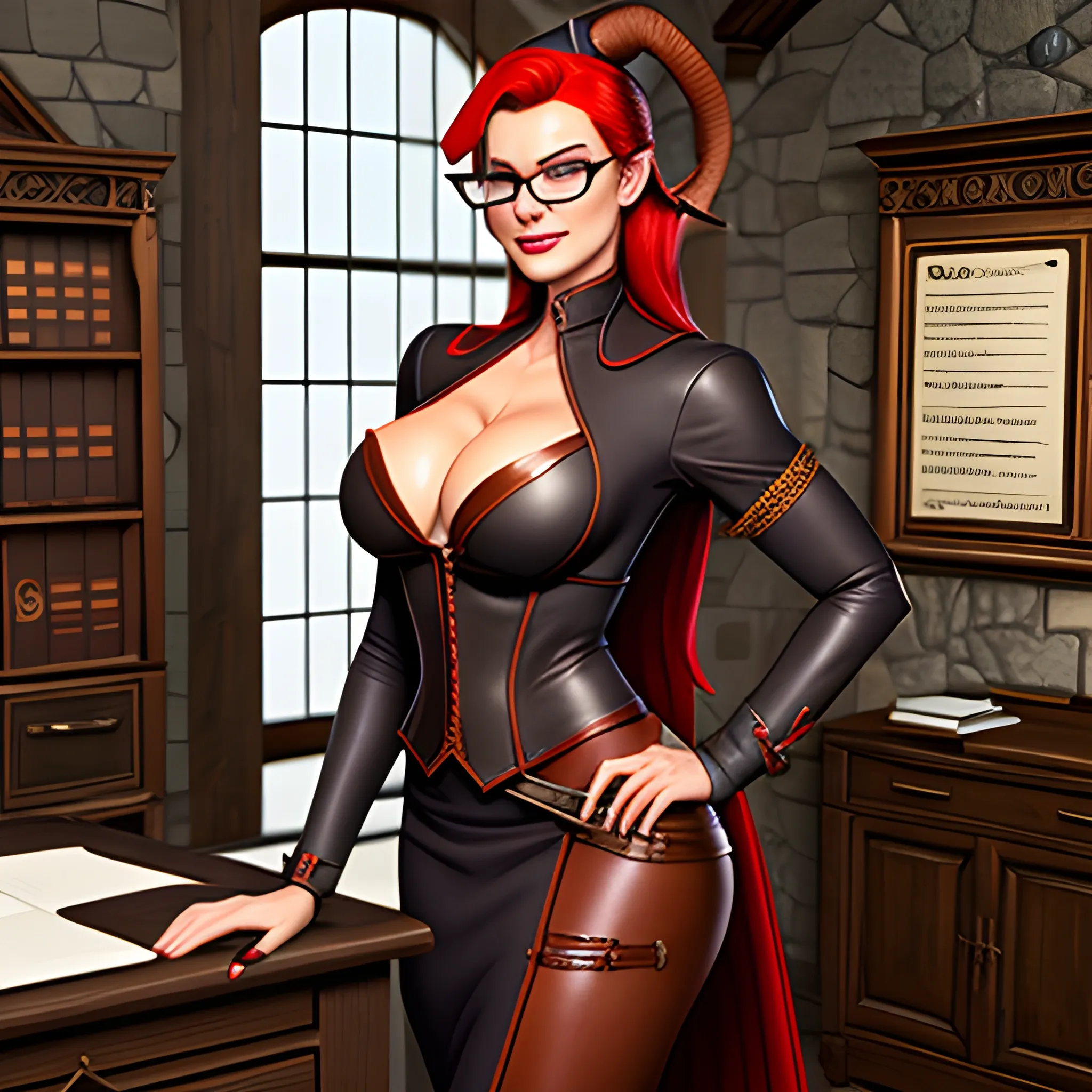 young, professionally dressed, tiefling woman with redish skin, wearing glasses. She is carrying a leather notepad with pencil, standing in a medieval office, ready to take notes.  Her horns are small, straight, and pointy.  Her boobs are small.
