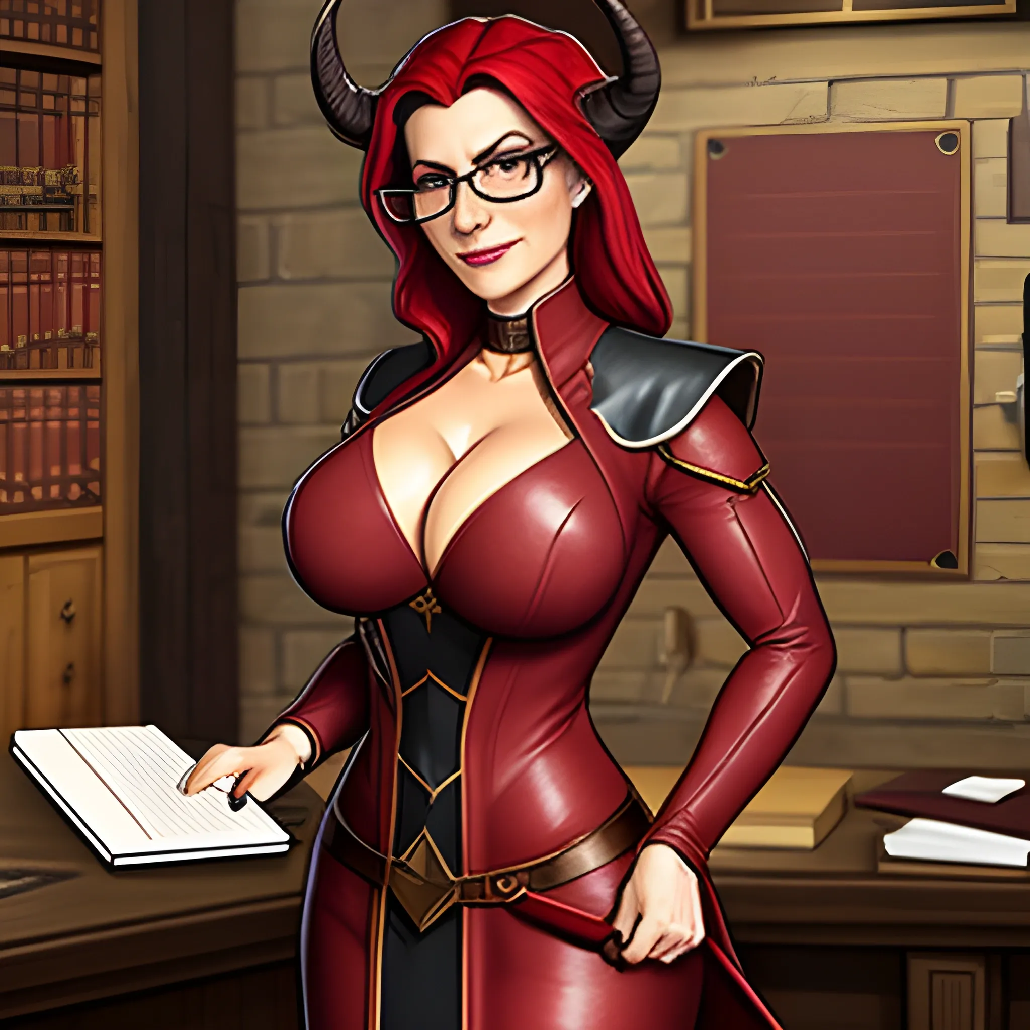 young, professionally dressed, tiefling woman with redish skin, wearing glasses. She is carrying a leather notepad with pencil, standing in a medieval office, ready to take notes.  Her horns are small, straight, and pointy.  She has no breasts.
