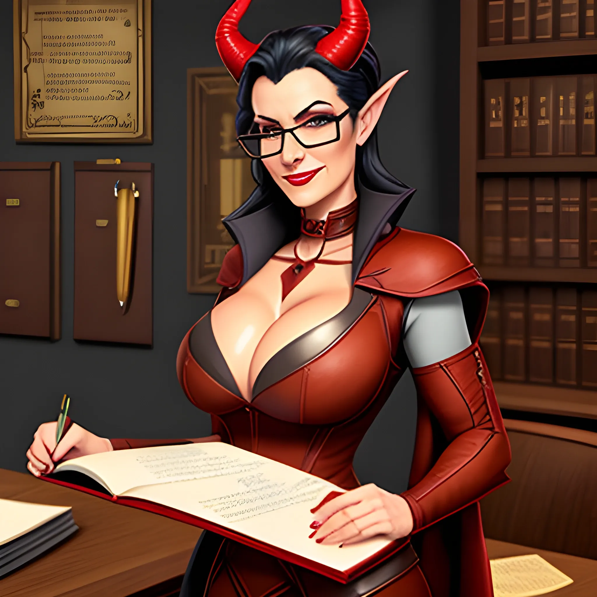 young, professionally dressed, tiefling woman with redish skin, wearing glasses. She is carrying a leather notepad with pencil, standing in a medieval office, ready to take notes.  Her horns are small, straight, and pointy.  She has had breast reduction surgery.
