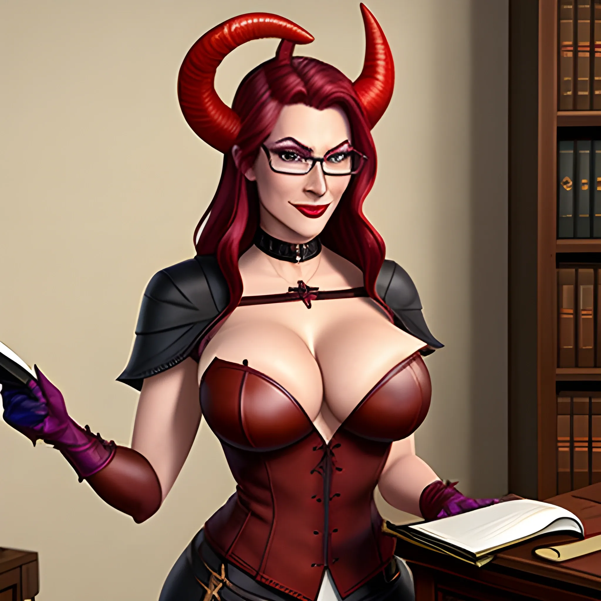 young, professionally dressed, tiefling woman with redish skin, wearing glasses. She is carrying a leather notepad with pencil, standing in a medieval office, ready to take notes.  Her horns are small, straight, and pointy.  She has had a double mastectomy.
