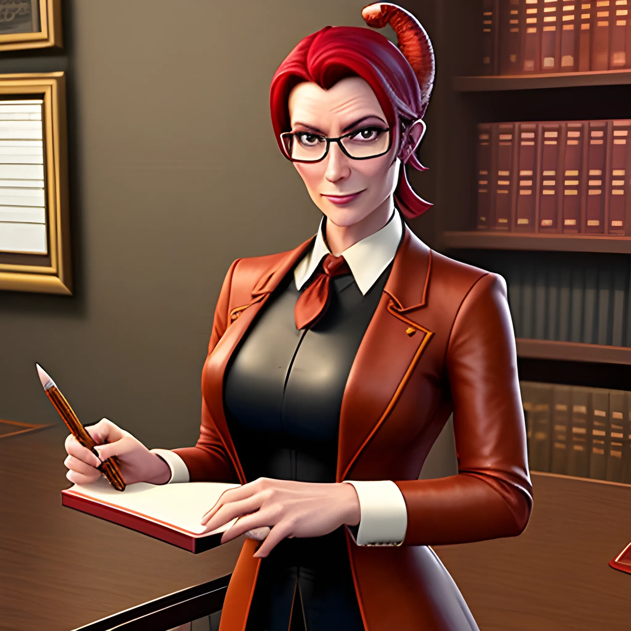 young, professionally dressed up to the neck, tiefling woman with reddish skin, wearing glasses. She is carrying a leather notepad with pencil, standing in a medieval office, ready to take notes.  Her horns are small, straight, and pointy.
