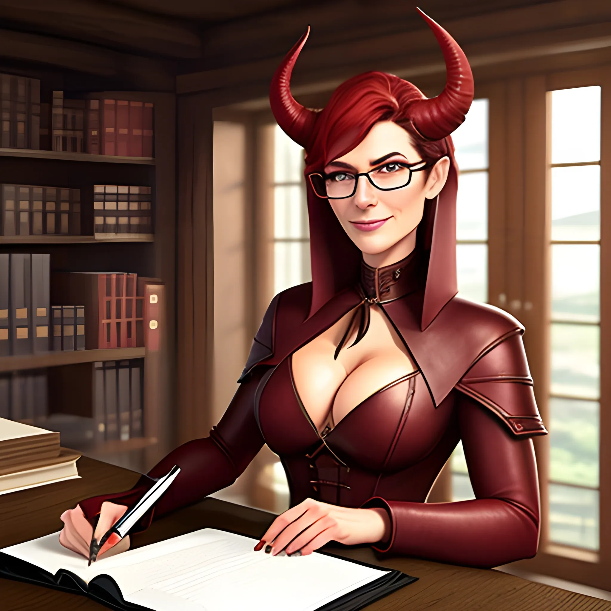 young, professionally dressed up to the neck, tiefling woman with reddish skin, wearing glasses. She is carrying a leather notepad with pencil, standing in a medieval office, ready to take notes.  Both of her horns are small, straight, and pointy.
