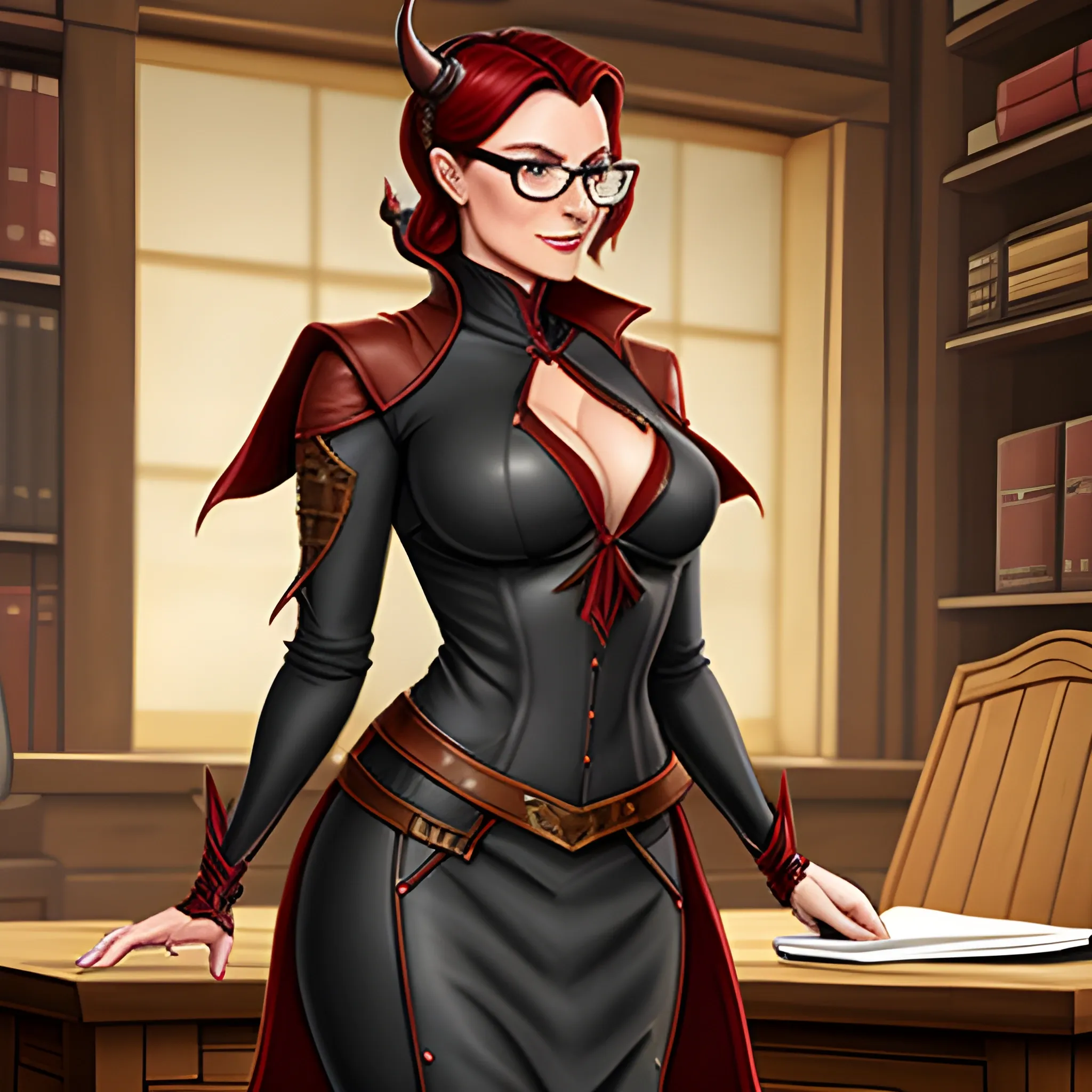 young, professionally dressed and covered to the neck, tiefling woman with reddish skin, wearing glasses. She is carrying a leather notepad with pencil, standing in a medieval office, ready to take notes.  Both of her horns are small, straight, and pointy.
