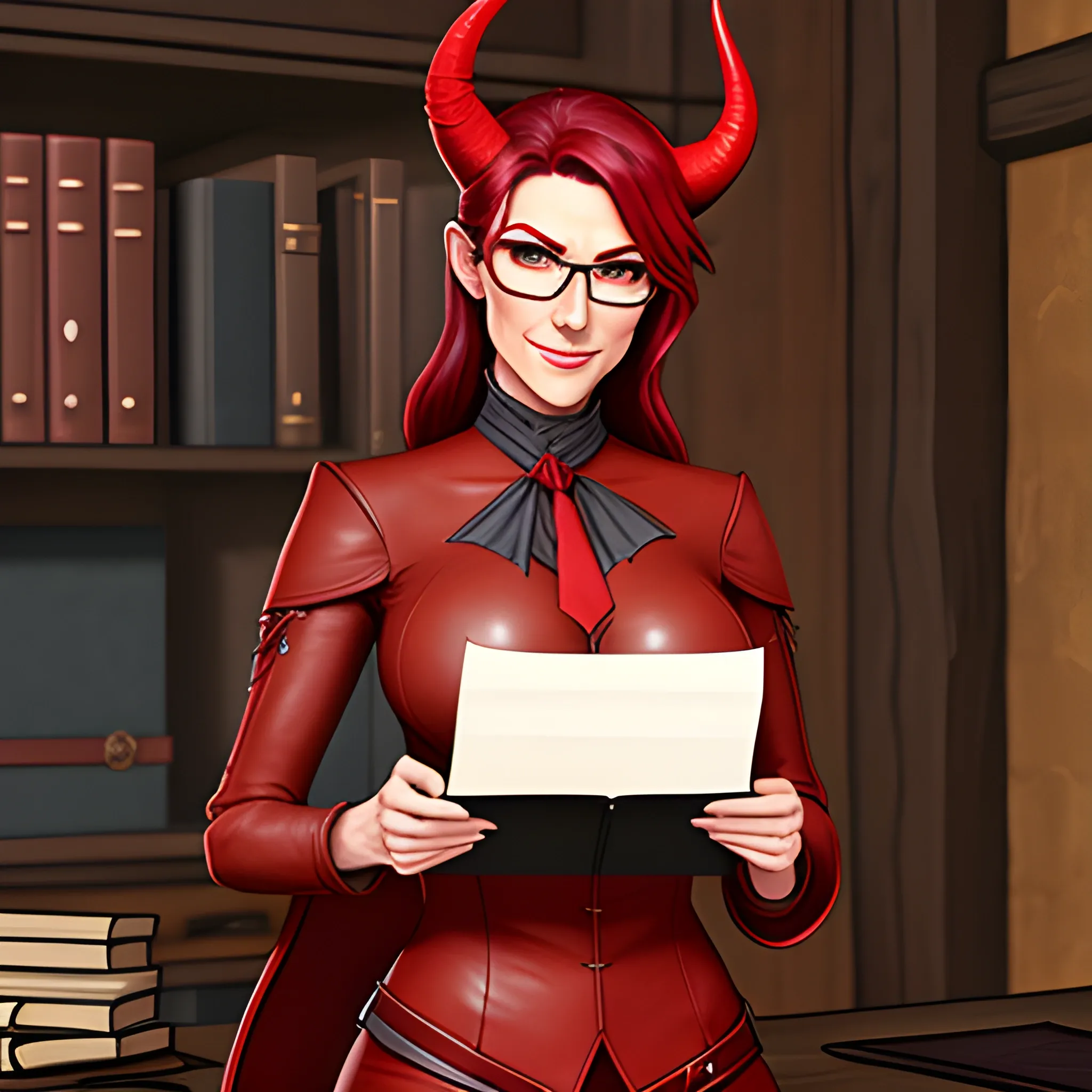 young, professionally dressed and covered to the neck, tiefling woman with red colored skin, wearing glasses. She is carrying a leather notepad with pencil, standing in a medieval office, ready to take notes.  Both of her horns are small, straight, and pointy.
