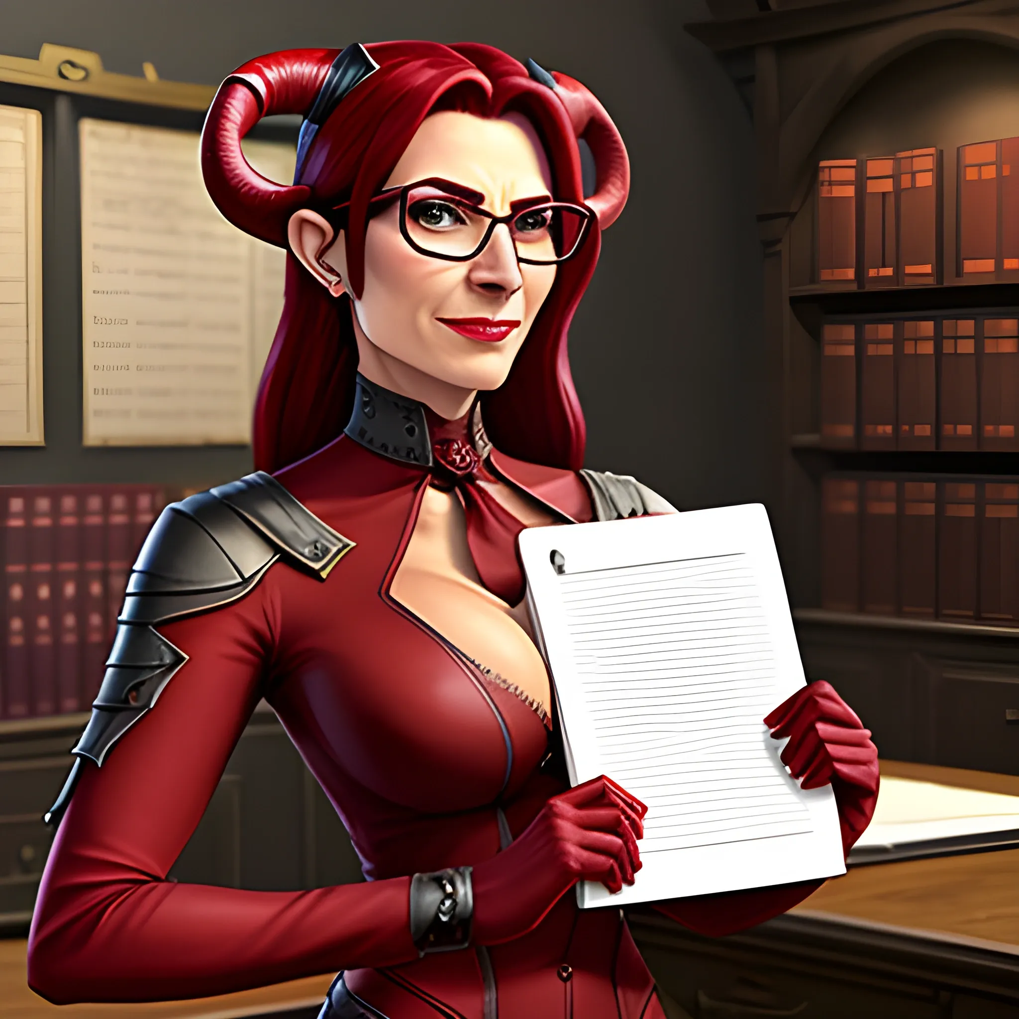 young, professionally dressed and covered to the neck, tiefling woman with red colored skin, wearing glasses. She is carrying a leather notepad with pencil, standing in a medieval office, ready to take notes.  Both of her horns are small, straight, and pointy.
