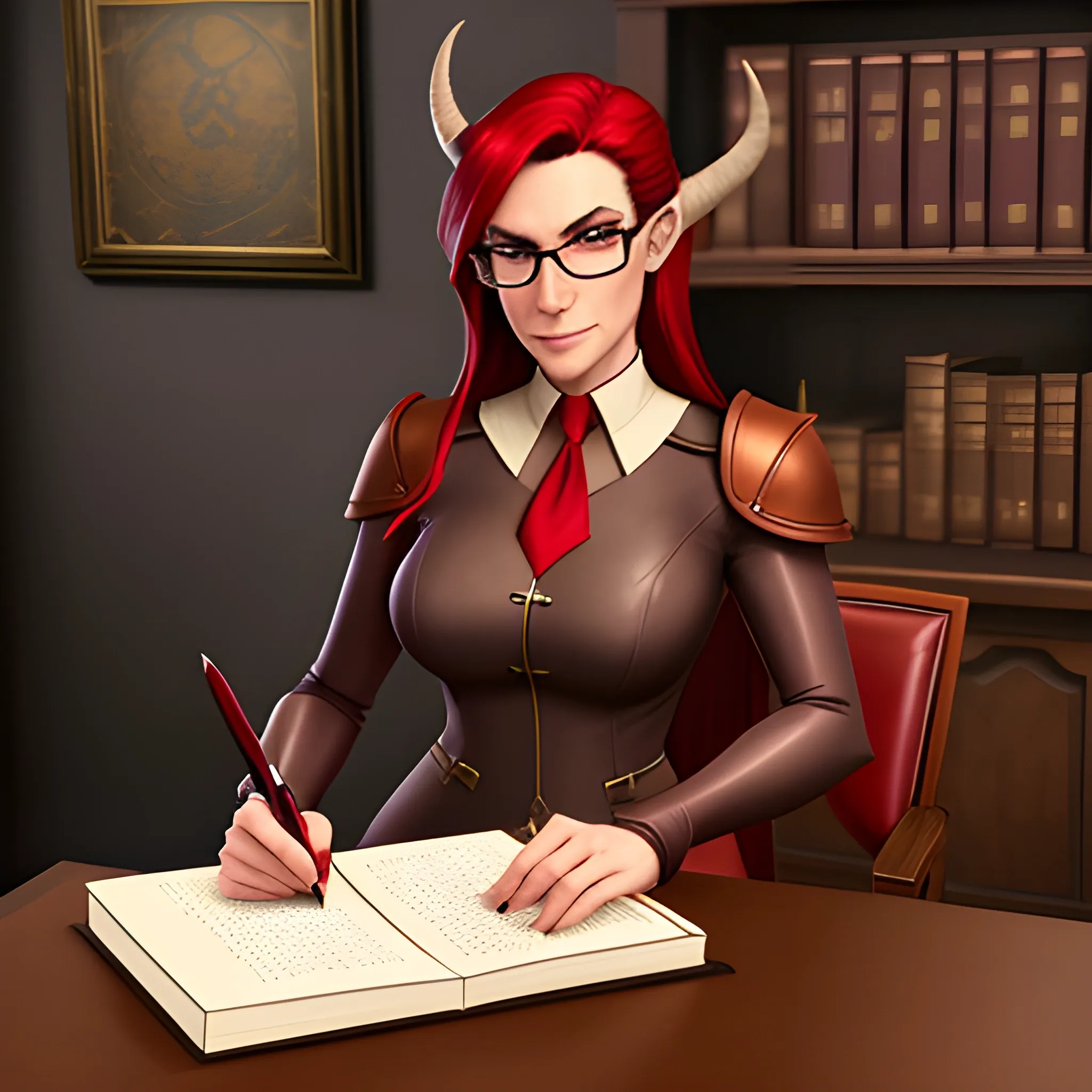 young, professionally dressed and covered to the neck, tiefling woman with red colored skin, wearing glasses. She is carrying a leather notepad with pencil, standing in a medieval office, ready to take notes.  Both of her horns are small, straight, and pointy.
