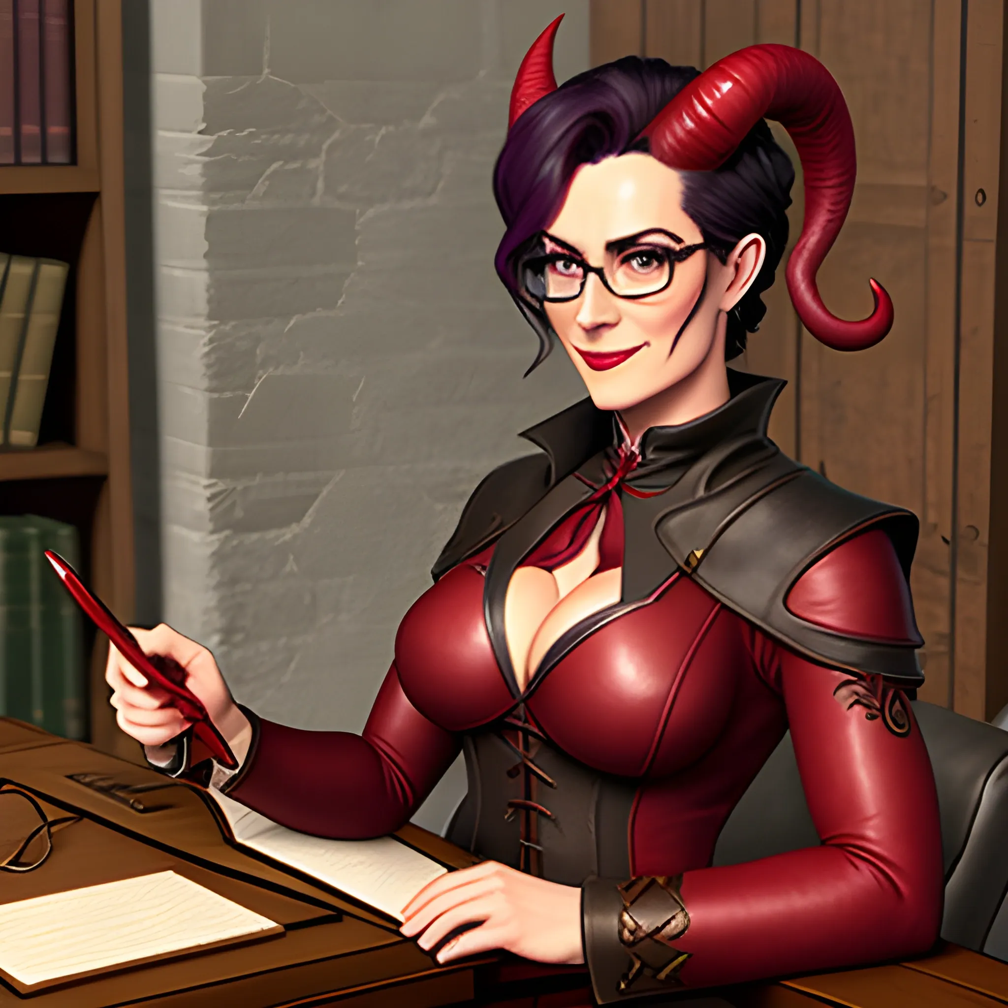 young, professionally dressed and covered to the neck, tiefling woman, wearing glasses. She is carrying a leather notepad with pencil, standing in a medieval office, ready to take notes.  Both of her horns are small, straight, and pointy.  Her skin is light red in color.
