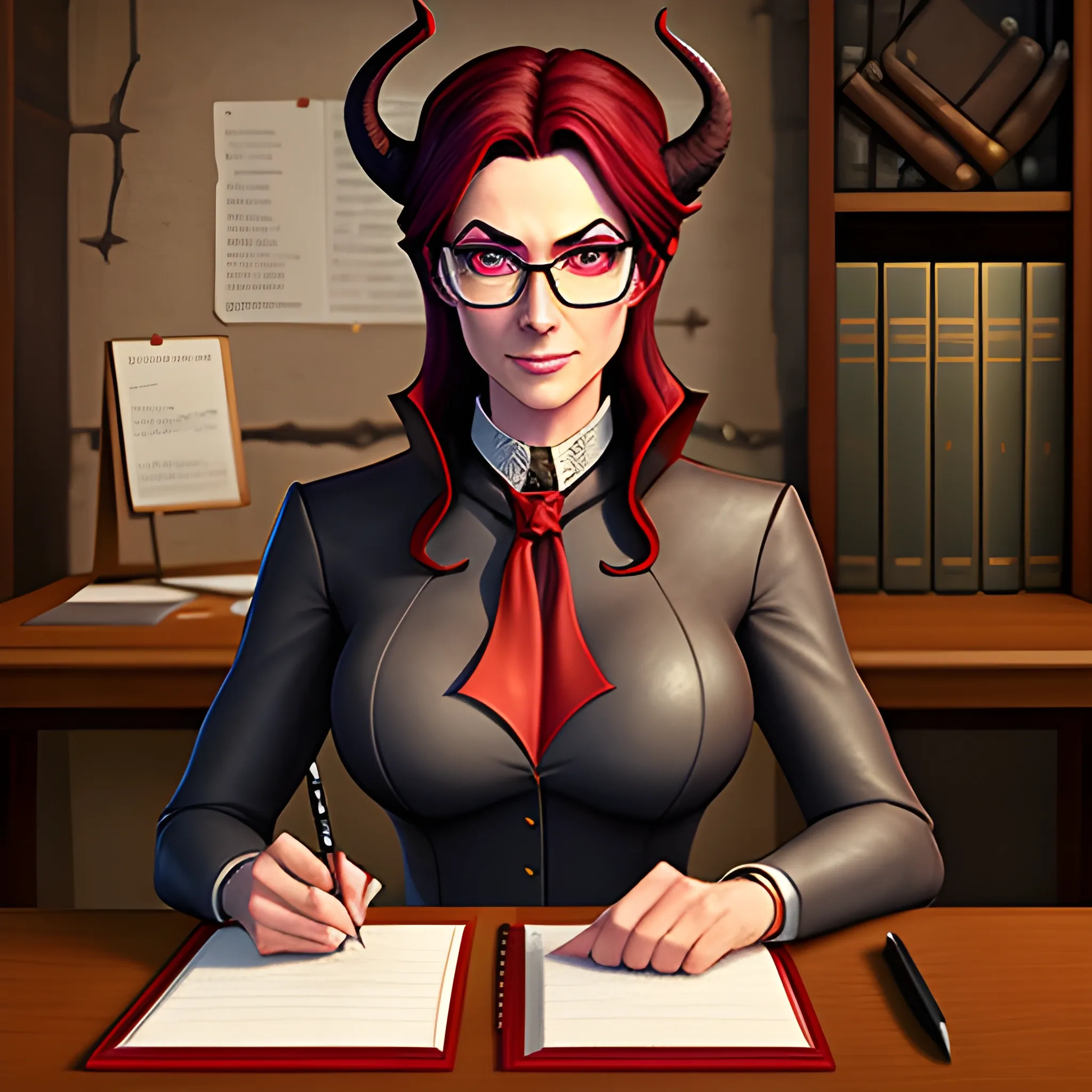 young, professionally dressed and covered to the neck, tiefling woman, wearing glasses. She is carrying a leather notepad with pencil, standing in a medieval office, ready to take notes.  Both of her horns are small, straight, and pointy.  Her skin is light red in color.
