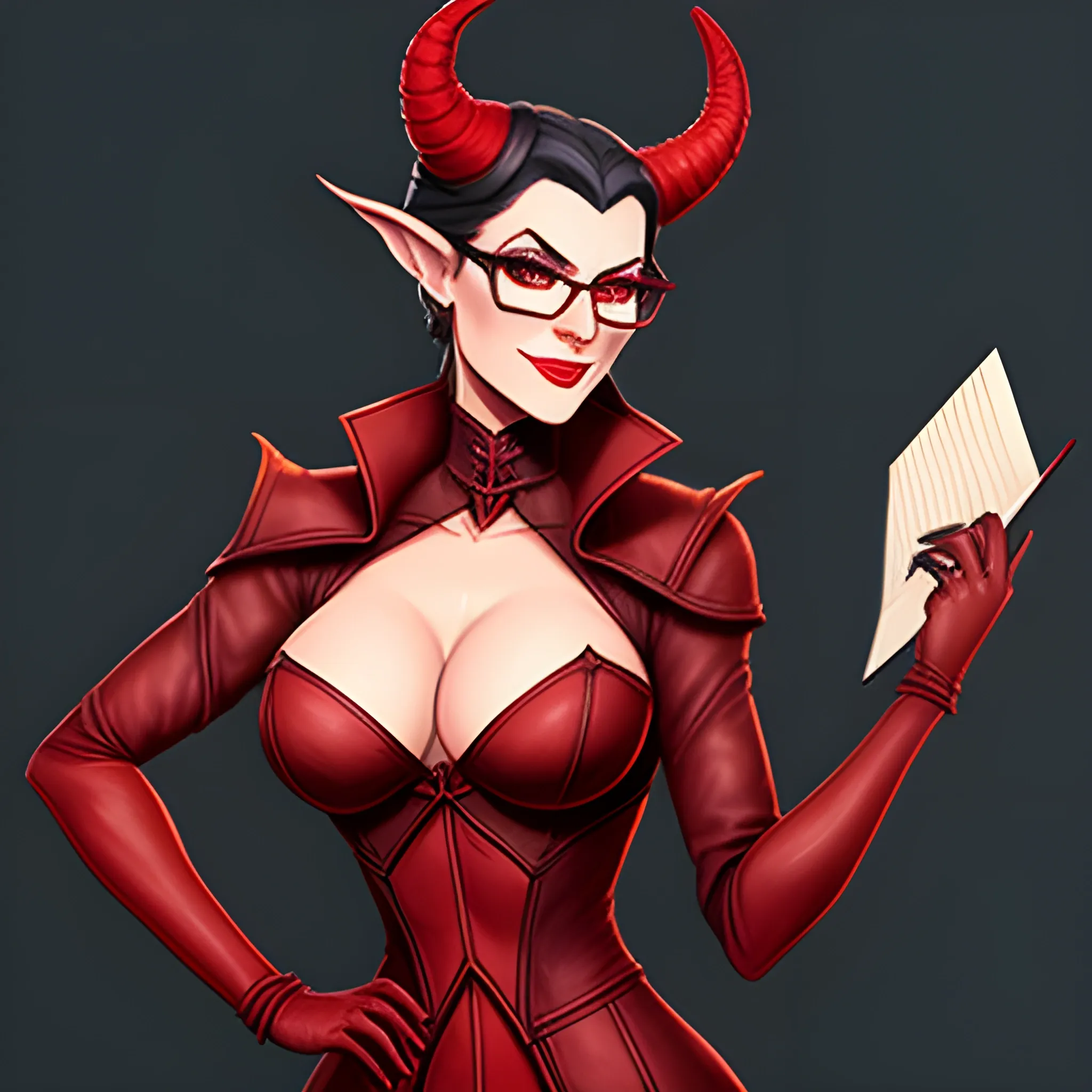 A young tiefling woman, well dressed, stands before you.  Her glasses rest on the tip of her nose, and her long, thin horns curl back behind her head, out of sight.  Her skin is deep red.  In her hands, she carried a leather portfolio and a pencil, and she is ready to take notes.