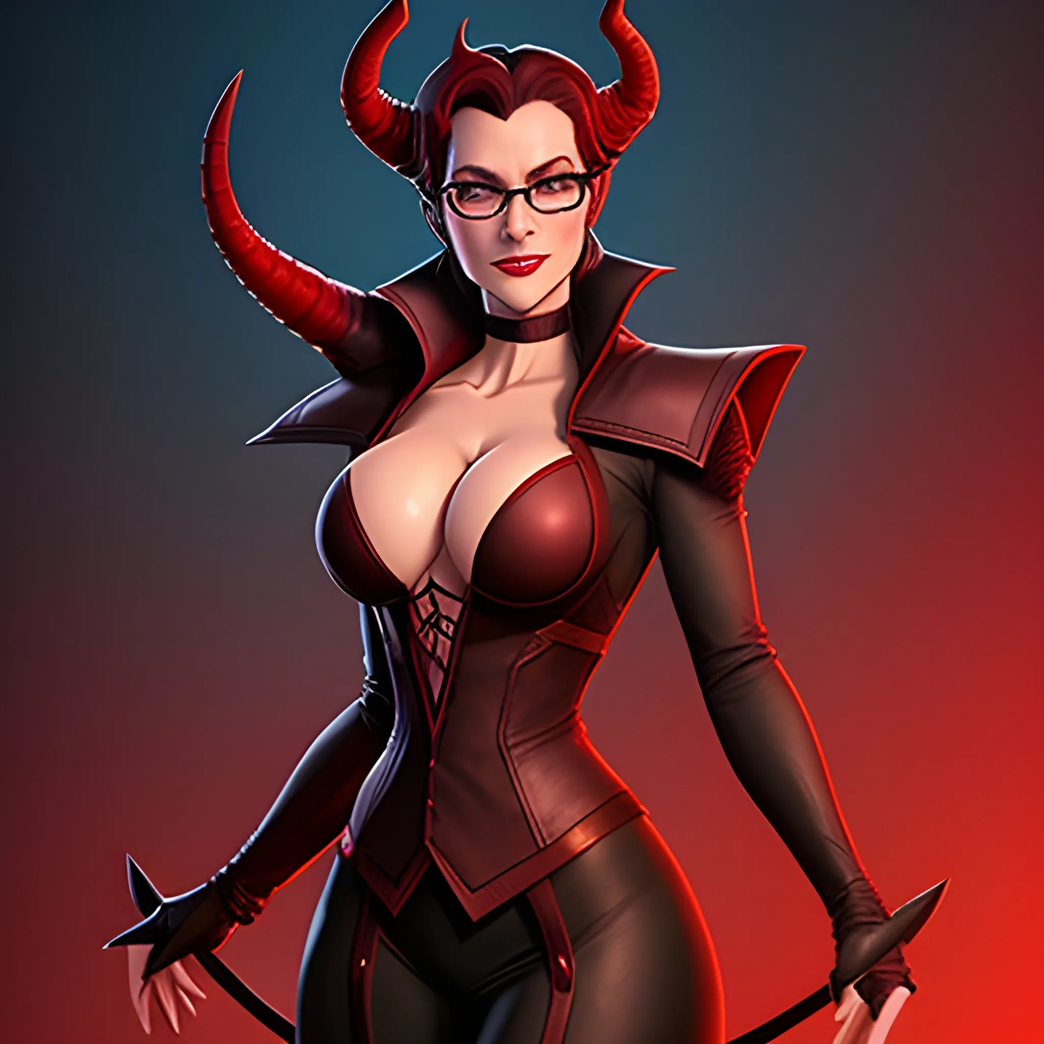 A young tiefling woman, well dressed, stands before you.  Her glasses rest on the tip of her nose, and her long, thin horns curl back behind her head, out of sight.  Her skin is deep red.  In her hands, she carried a leather portfolio and a pencil, and she is ready to take notes.