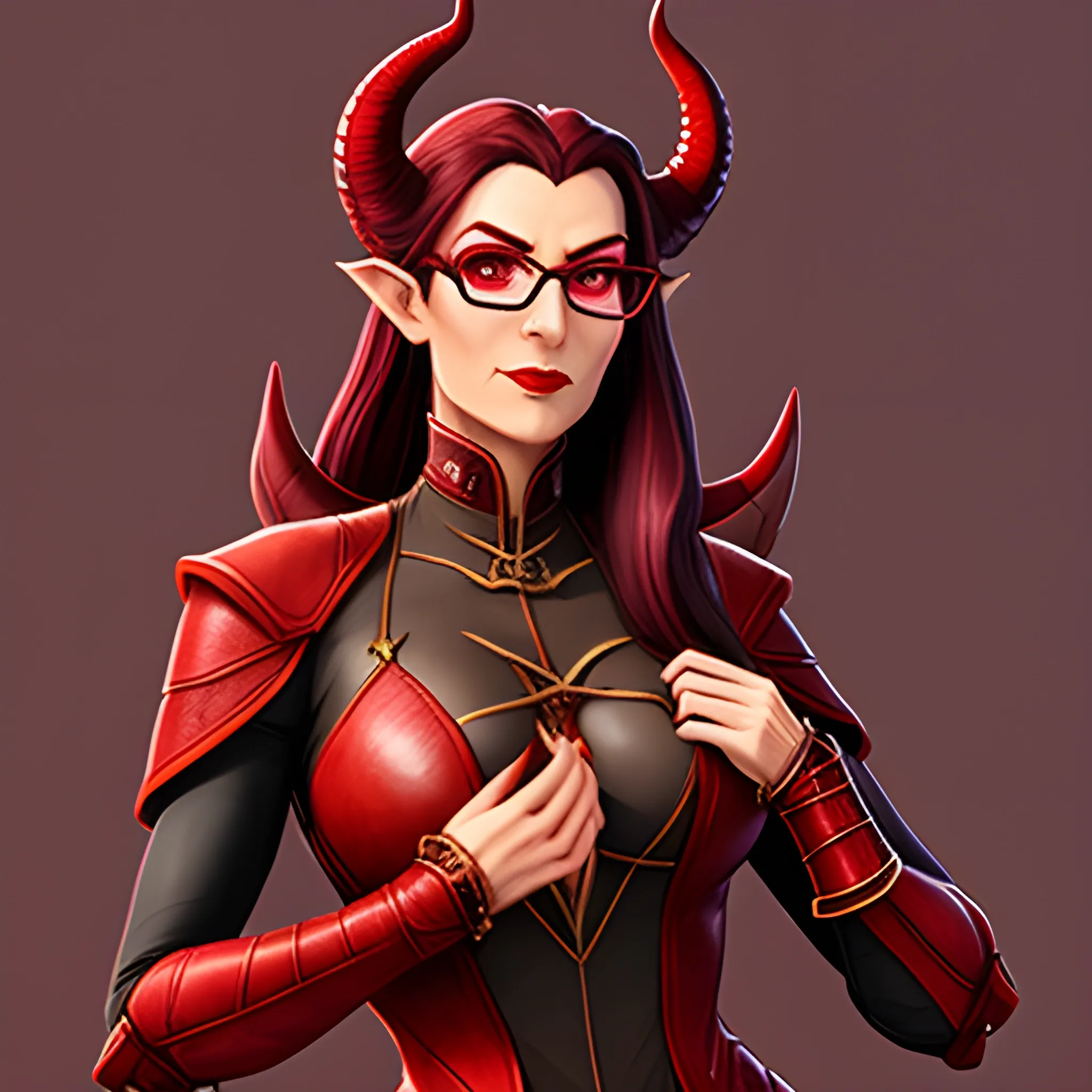 A young tiefling woman, well dressed, stands before you.  Her glasses rest on the tip of her nose, and her long, thin horns curl back behind her head, out of sight.  Her skin is deep red.  In her hands, she carried a leather portfolio and a pencil, and she is ready to take notes.