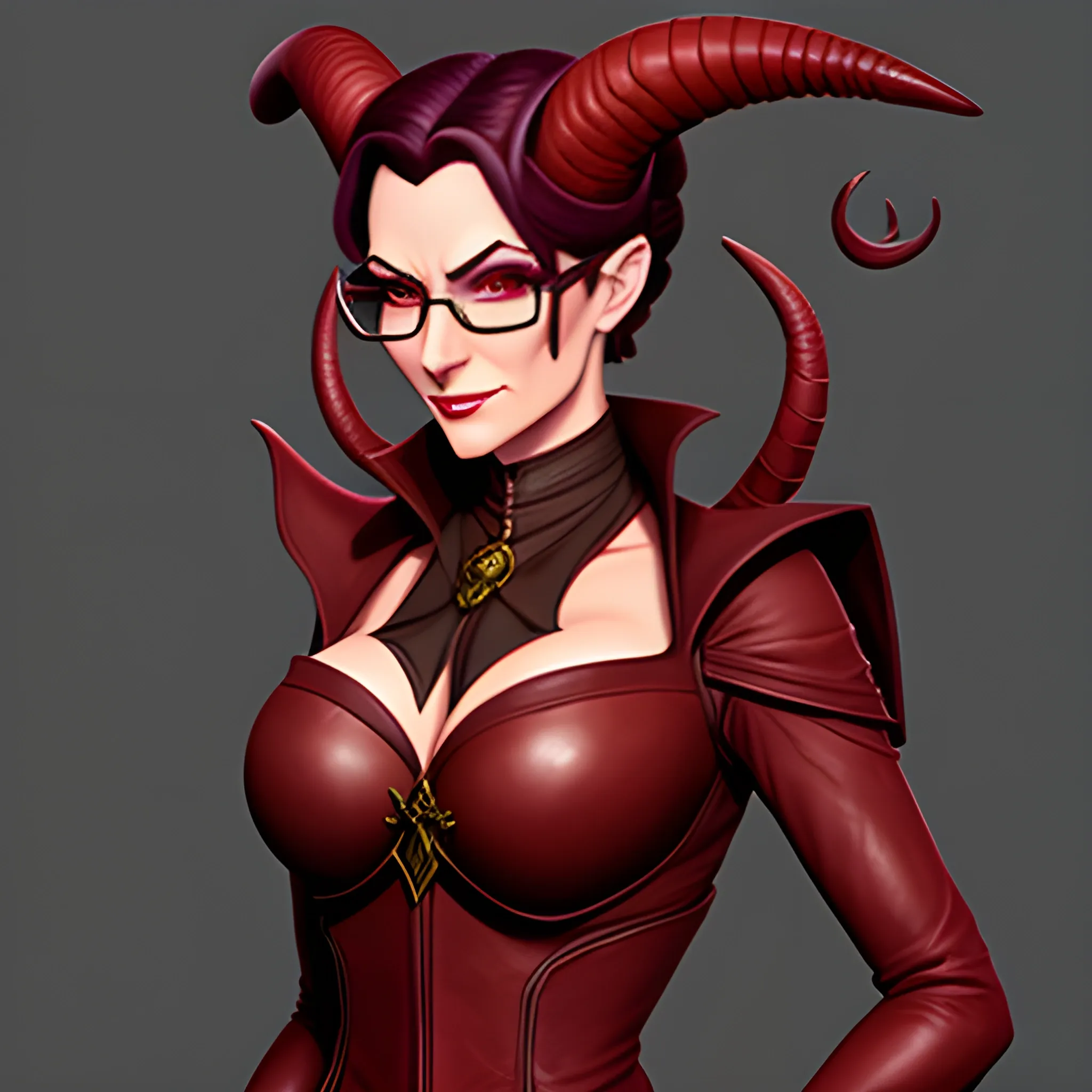 A young tiefling woman, well dressed, stands before you.  Her glasses rest on the tip of her nose, and her long, thin horns curl back behind her head, out of sight.  Her skin is deep red.  In her hands, she carried a leather portfolio and a pencil, and she is ready to take notes.