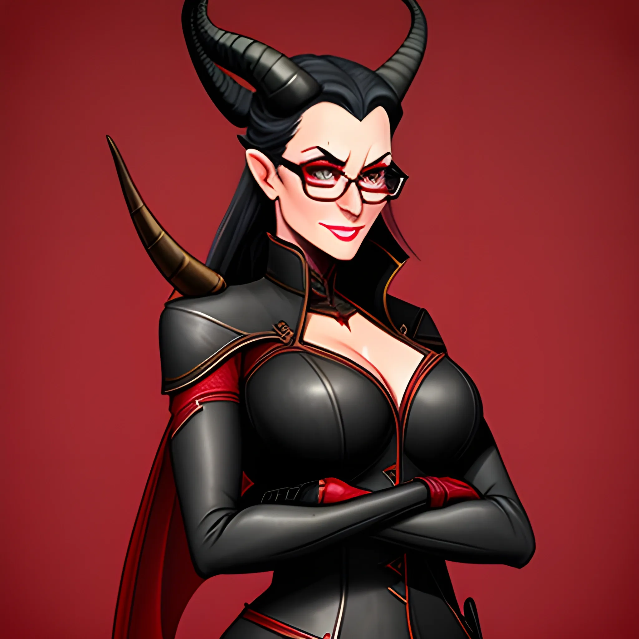 A young tiefling woman, well dressed, stands before you.  Her glasses rest on the tip of her nose, and her long, thin horns curl back behind her head, out of sight.  Her skin is deep red.  In her hands, she carried a leather portfolio and a pencil, and she is ready to take notes.