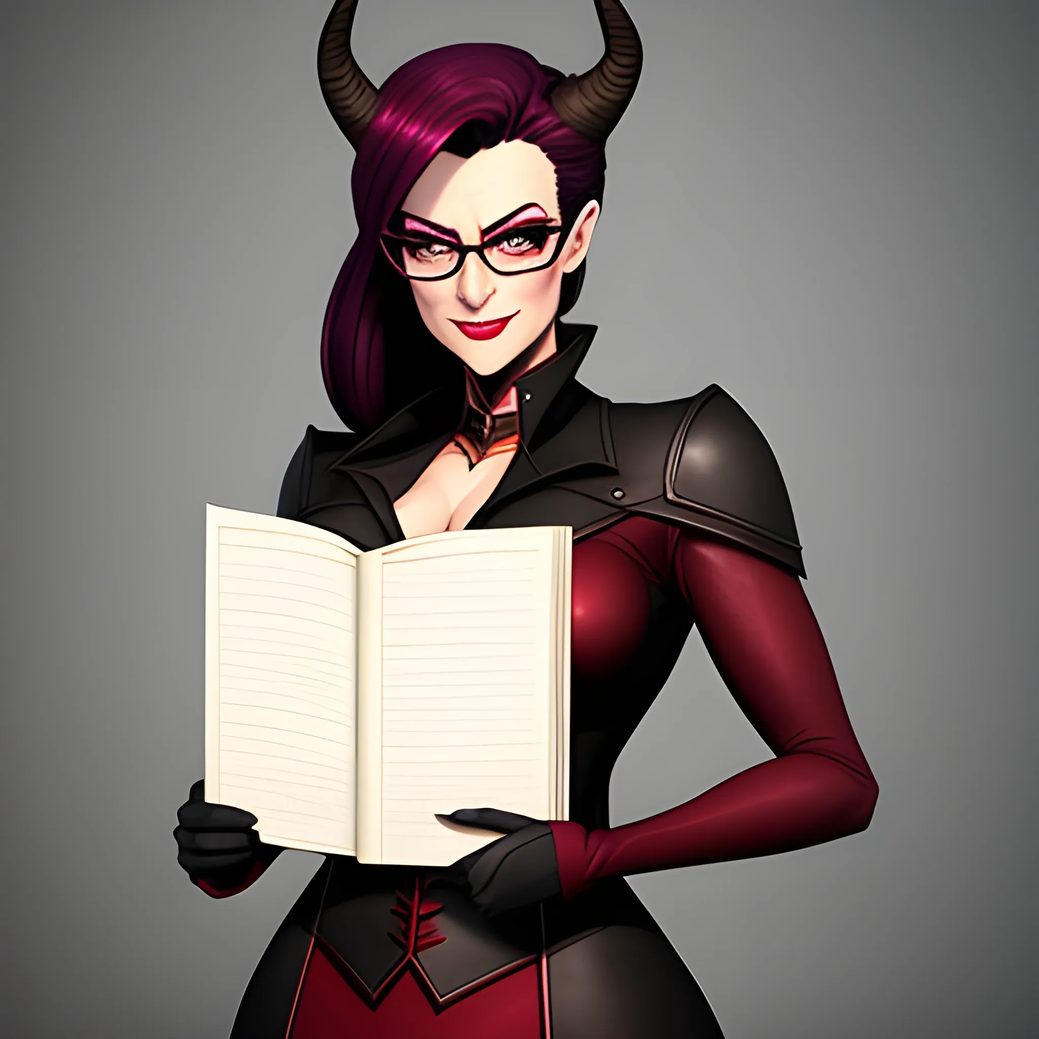 A young tiefling woman, well dressed, stands before you.  Her glasses rest on the tip of her nose, and her horns are long and thin.  Her skin is deep red but mostly hidden by her dark, professional attire.  In her hands, she carries a leather portfolio and a pencil, and she is ready to take notes.