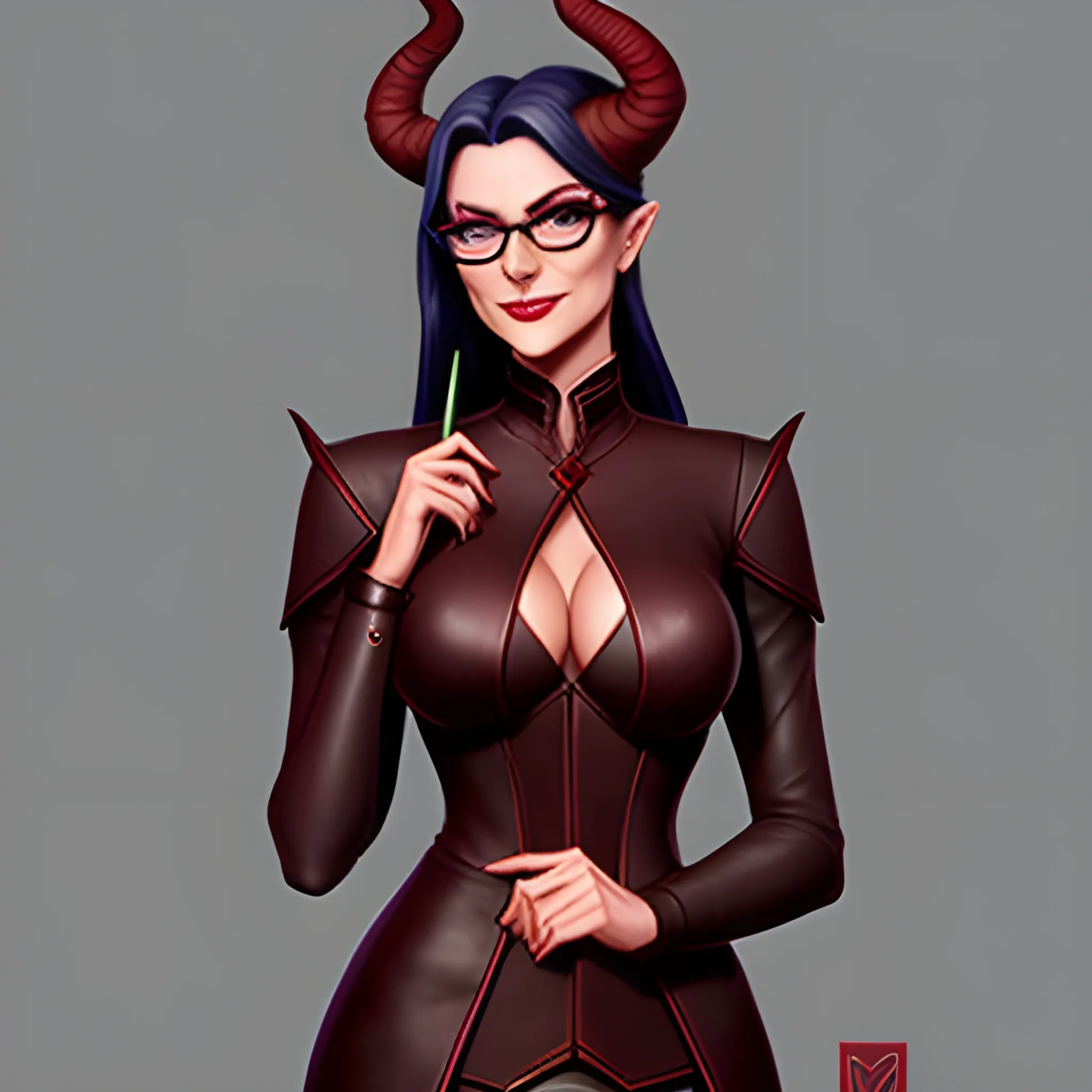 A young tiefling woman, well dressed, stands before you.  Her glasses rest on the tip of her nose, and her horns are long and thin.  Her skin is deep red but mostly hidden by her dark, professional attire.  In her hands, she carries a leather portfolio and a pencil, and she is ready to take notes.