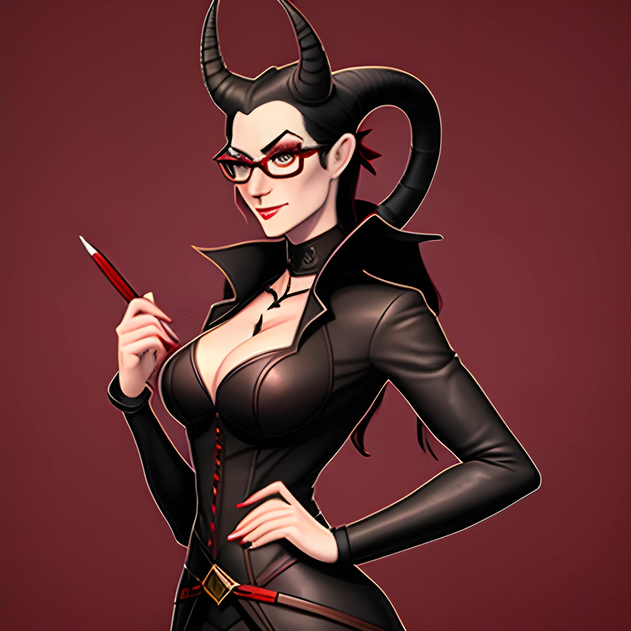 A young tiefling woman, well dressed, stands before you.  Her glasses rest on the tip of her nose, and her horns are long and thin.  Her skin is deep red but mostly hidden by her dark, professional attire.  In her hands, she carries a leather portfolio and a pencil, and she is ready to take notes.