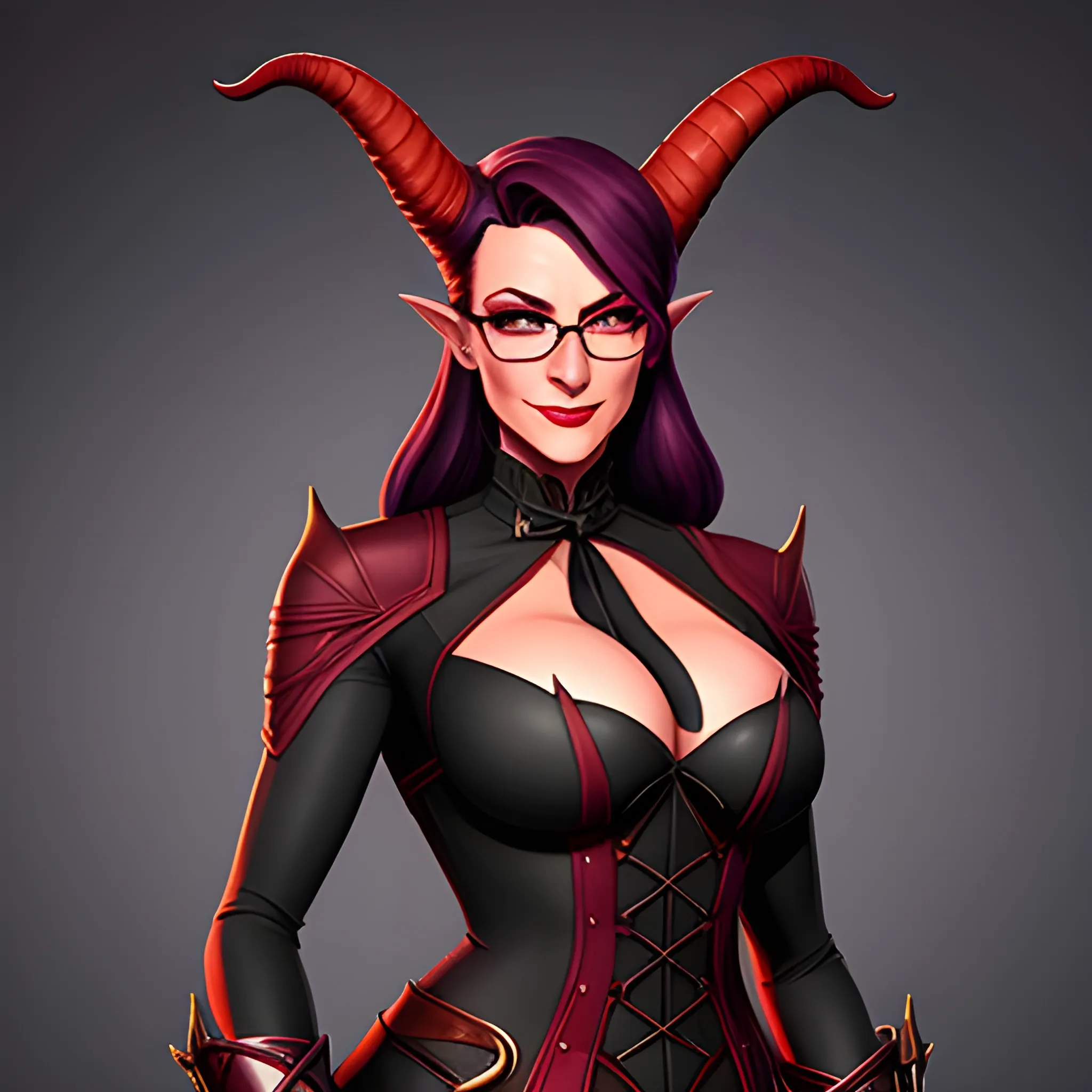 A young tiefling woman, well dressed, stands before you.  Her glasses rest on the tip of her nose, and her horns are long and thin.  Her skin is deep red but mostly hidden by her dark, professional attire.  In her hands, she carries a leather portfolio and a pencil, and she is ready to take notes.