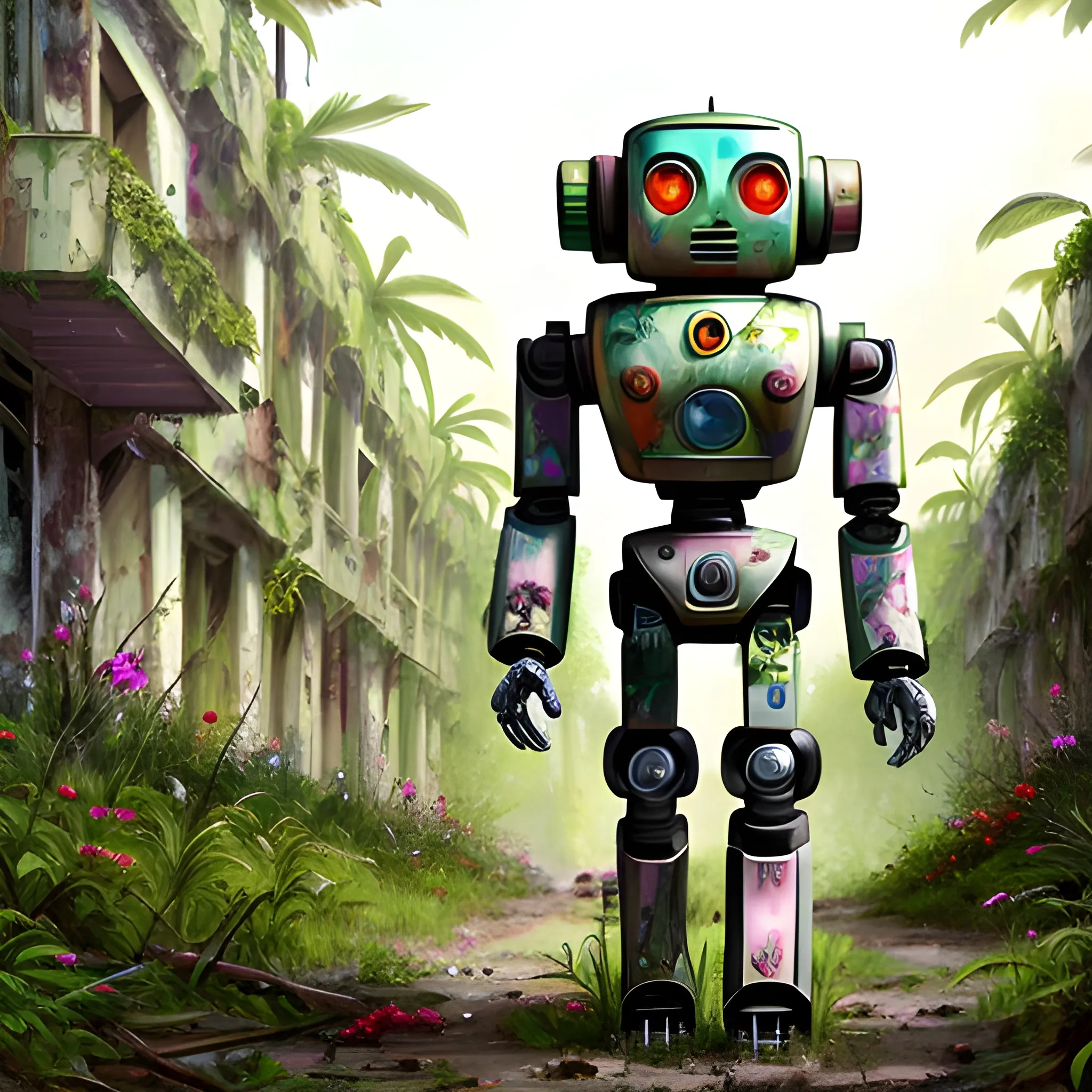 very sophisticated robot walking in an abandoned ruined city overgrown with lush vegetation with very colorful flowers