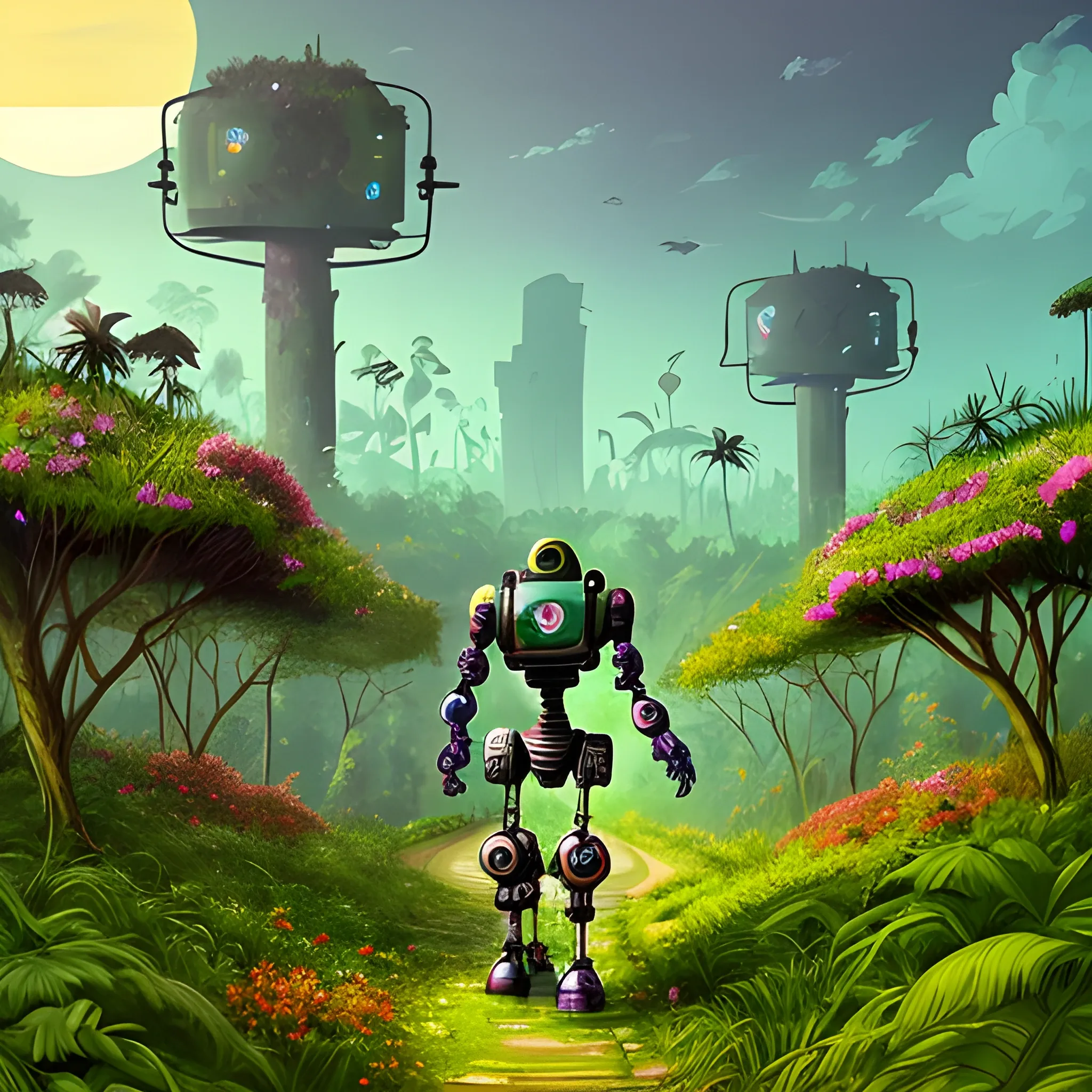 abandoned ruined city overgrown with lush vegetation with very colorful flowers and a very sophisticated robot walking towards the horizon of a setting sun