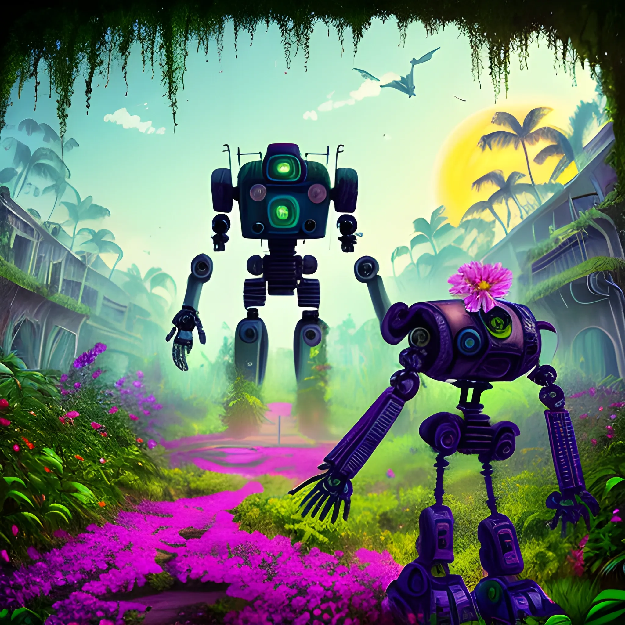 abandoned ruined city overgrown with lush vegetation with very colorful flowers and a very sophisticated robot walking towards the horizon of a setting sun, Trippy