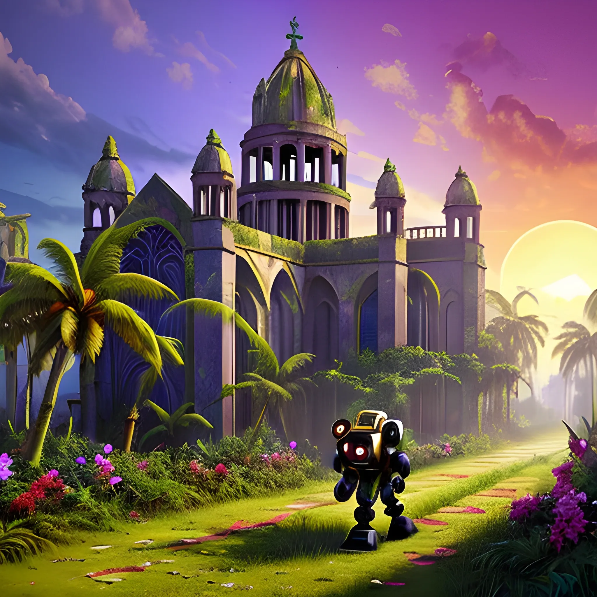 abandoned ruined city invaded by lush vegetation, very colorful flowers, a ruined cathedral under tropical vegetation, a very sophisticated robot walking towards the horizon of a setting sun