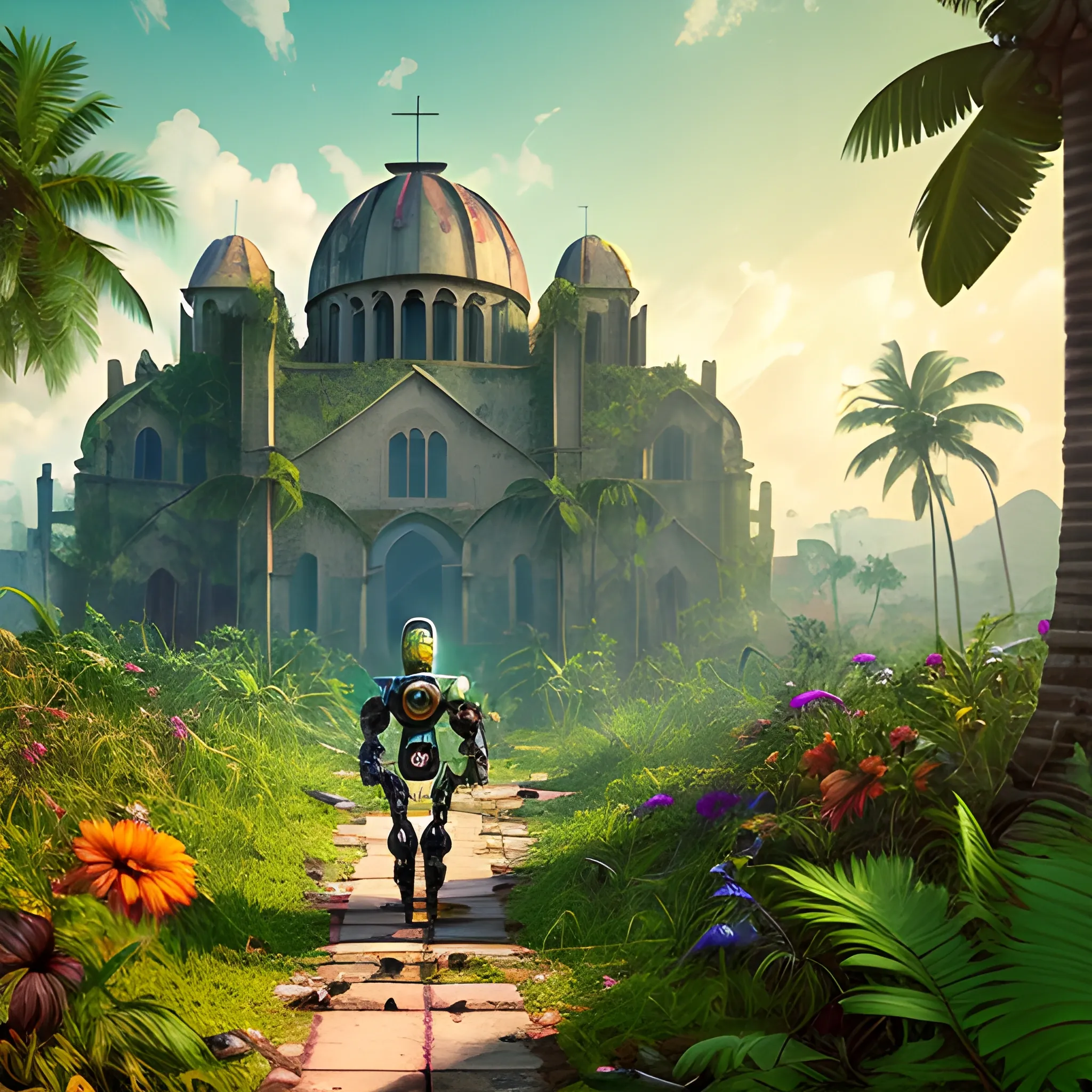 abandoned ruined city invaded by lush vegetation, very colorful flowers, a ruined cathedral under tropical vegetation, a very sophisticated robot walking towards the horizon of a setting sun, 3D