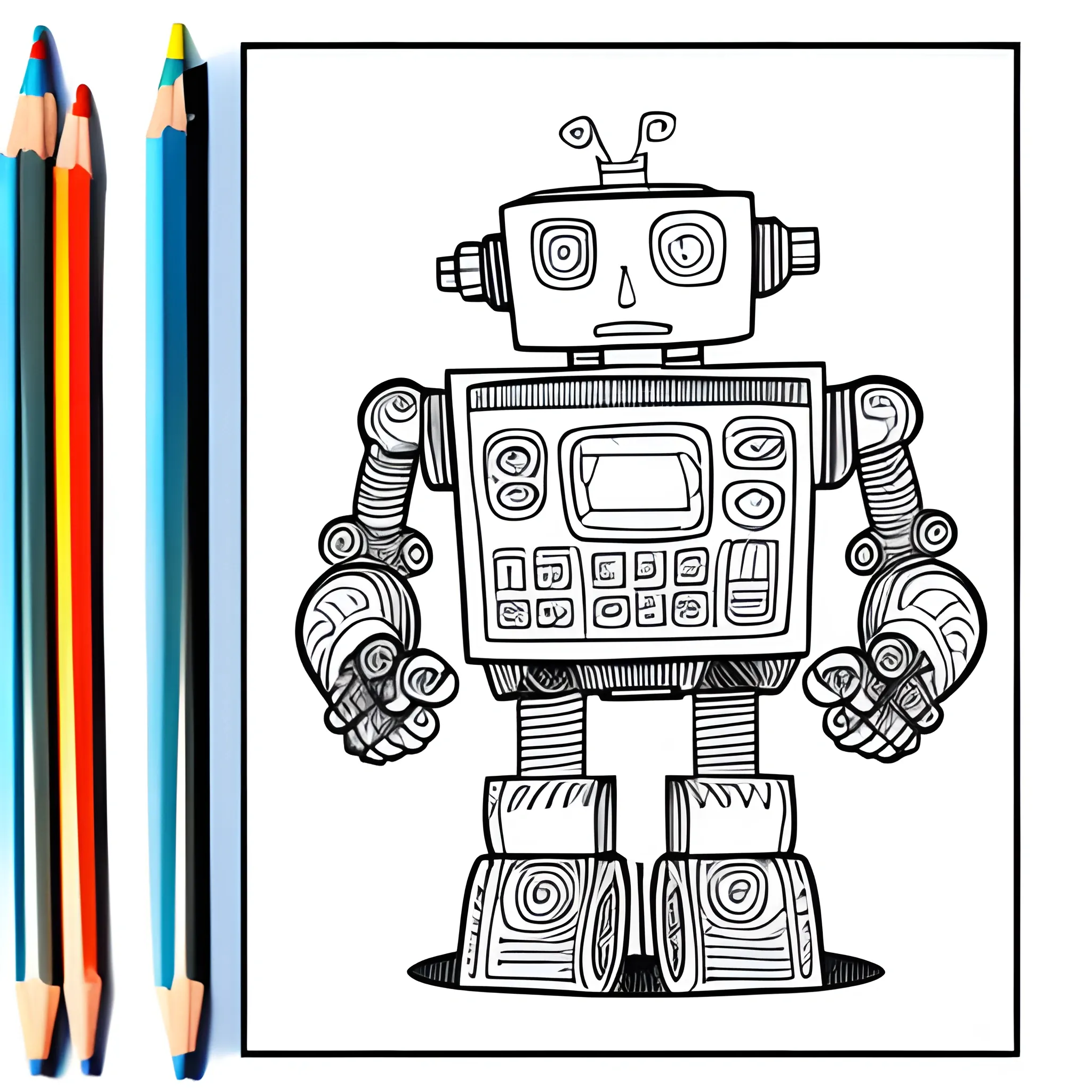 robot coloring book page, Pencil Sketch