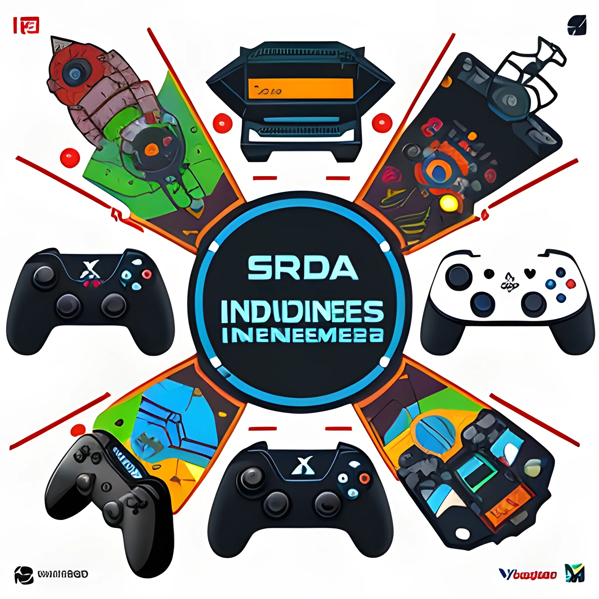 Generación de Infografía sobre la Industria de Videojuegos:

Crea una infografía que represente la complejidad y la interconexión de la industria de videojuegos en un formato vectorial con vista isométrica. La infografía debe incluir los siguientes elementos:

Estudios Independientes (Indies):

Representados por células unipersonales de trabajo.
Conectar nodos a la palabra "Indies".
Grandes Empresas (Empresas AAA):

Representadas por oficinas con escritorios interconectados.
Conectar nodos a la palabra "Empresas AAA".
Editores:

Conectar nodos desde "Indies" y "Empresas AAA".
Representados por valijas de negocios con la palabra "Editores".
Fabricantes:

Representados por celulares, PlayStation, Xbox y PC.
Interconectar nodos a la palabra "Fabricantes".
Distribuidores:

Representados por carritos de compras.
Recibir nodos desde "Indies", "Editores" y "Fabricantes".
Plataformas:

Representadas por logos de Steam, Epic Games, Google Play y App Store.
Enviar nodos a usuarios (personajes con joysticks y cascos de VR).
Recibir nodos desde "Editores".
Conectar nodos a la palabra "Mercado".
Inversores:

Representados por personajes vestidos de traje y valijas de dinero.
Enviar nodos a "Desarrolladores" y "Mercado".
Medios:

Representados por YouTubers con megáfonos.
Iconitos de videojuegos saliendo de los megáfonos.
Palabras "Medios & Difusión".
Eventos:

Representados por la palabra "Eventos".
Caracterizados por público gamer y una pantalla con un joystick.
Asegúrate de que la imagen resultante tenga un aspecto vectorial y vista isométrica para una representación visual clara y detallada de la industria de videojuegos.
