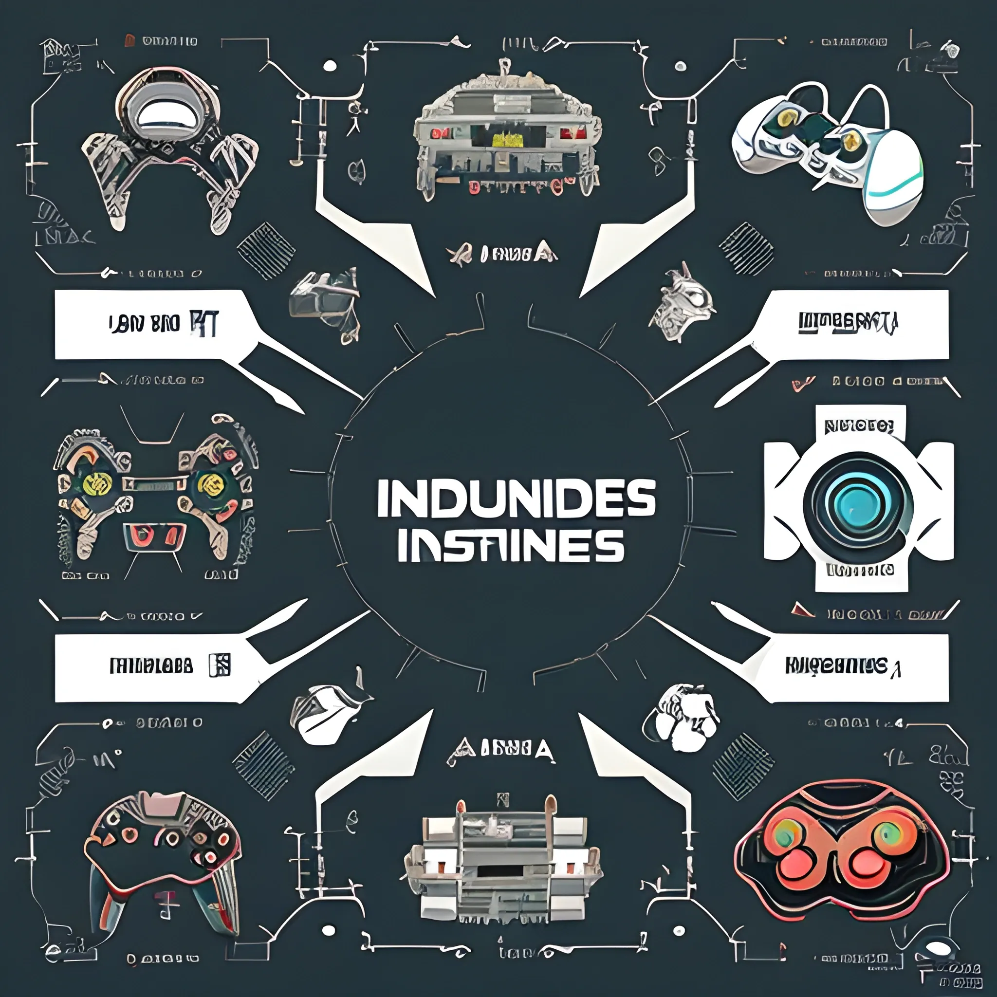 Generación de Infografía sobre la Industria de Videojuegos:

Crea una infografía que represente la complejidad y la interconexión de la industria de videojuegos en un formato vectorial con vista isométrica. La infografía debe incluir los siguientes elementos:

Estudios Independientes (Indies):

Representados por células unipersonales de trabajo.
Conectar nodos a la palabra "Indies".
Grandes Empresas (Empresas AAA):

Representadas por oficinas con escritorios interconectados.
Conectar nodos a la palabra "Empresas AAA".
Editores:

Conectar nodos desde "Indies" y "Empresas AAA".
Representados por valijas de negocios con la palabra "Editores".
Fabricantes:

Representados por celulares, PlayStation, Xbox y PC.
Interconectar nodos a la palabra "Fabricantes".
Distribuidores:

Representados por carritos de compras.
Recibir nodos desde "Indies", "Editores" y "Fabricantes".
Plataformas:

Representadas por logos de Steam, Epic Games, Google Play y App Store.
Enviar nodos a usuarios (personajes con joysticks y cascos de VR).
Recibir nodos desde "Editores".
Conectar nodos a la palabra "Mercado".
Inversores:

Representados por personajes vestidos de traje y valijas de dinero.
Enviar nodos a "Desarrolladores" y "Mercado".
Medios:

Representados por YouTubers con megáfonos.
Iconitos de videojuegos saliendo de los megáfonos.
Palabras "Medios & Difusión".
Eventos:

Representados por la palabra "Eventos".
Caracterizados por público gamer y una pantalla con un joystick.
Asegúrate de que la imagen resultante tenga un aspecto vectorial y vista isométrica para una representación visual clara y detallada de la industria de videojuegos.
