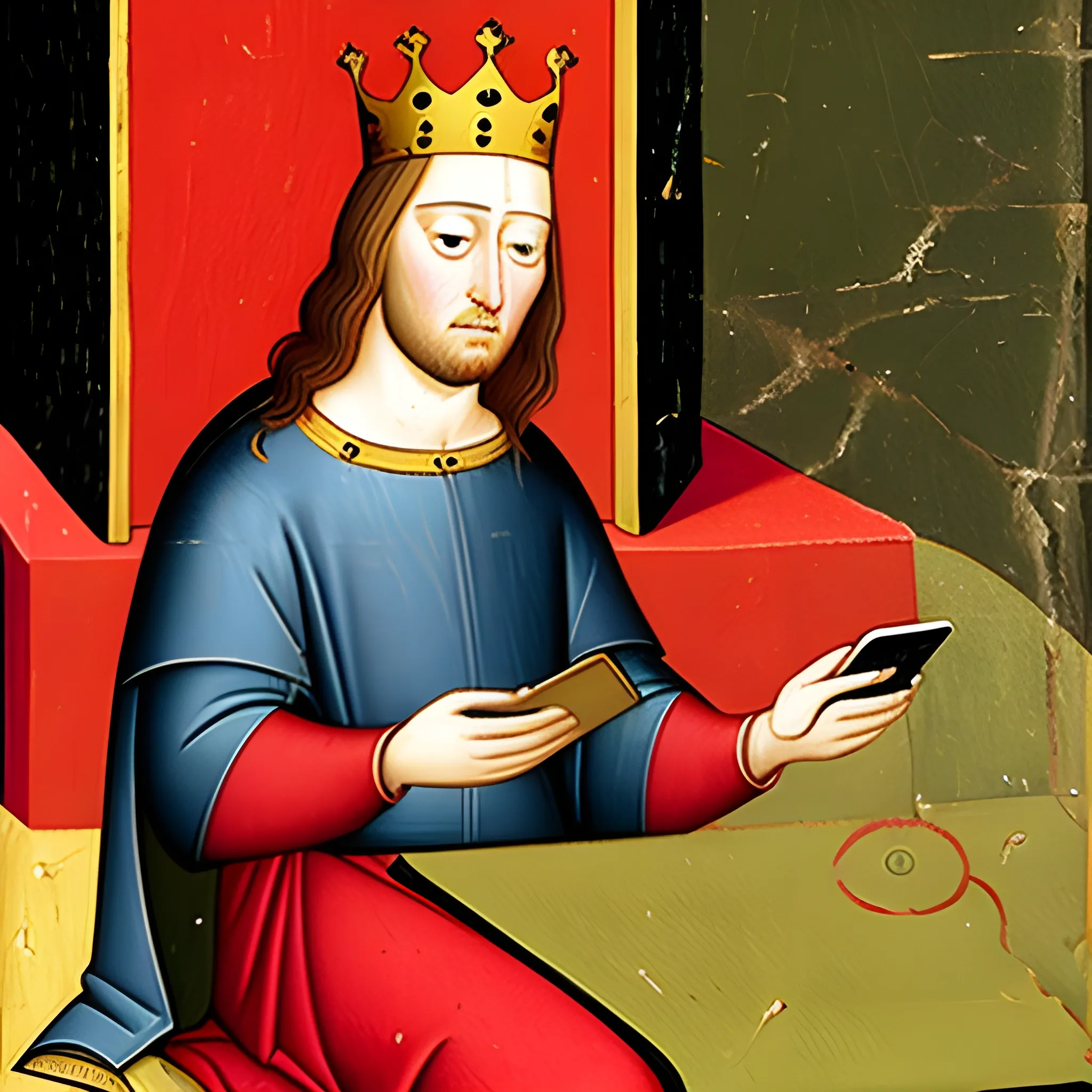 medieval painting of a king playing with the mobile phone
