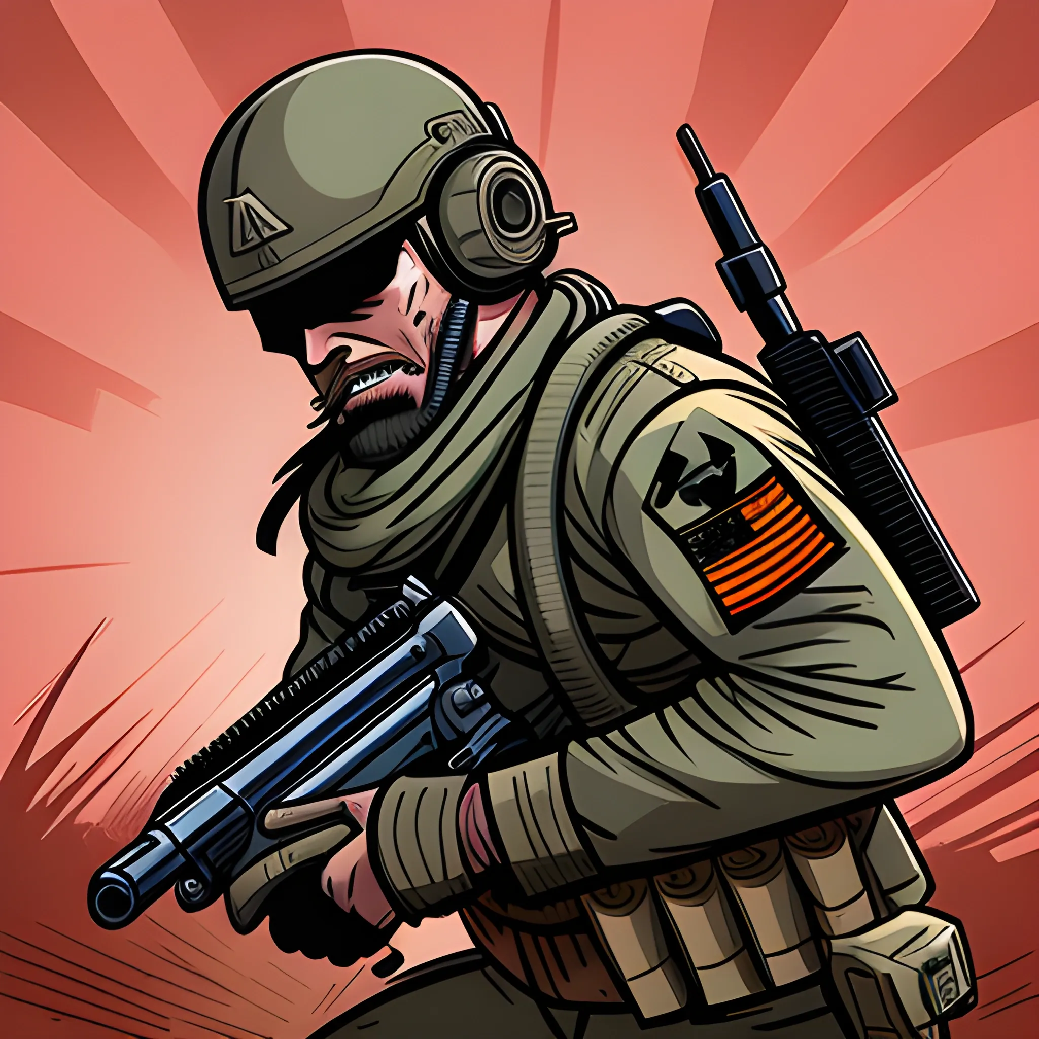 war operator, in battle, agressive, dangerous, Cartoon