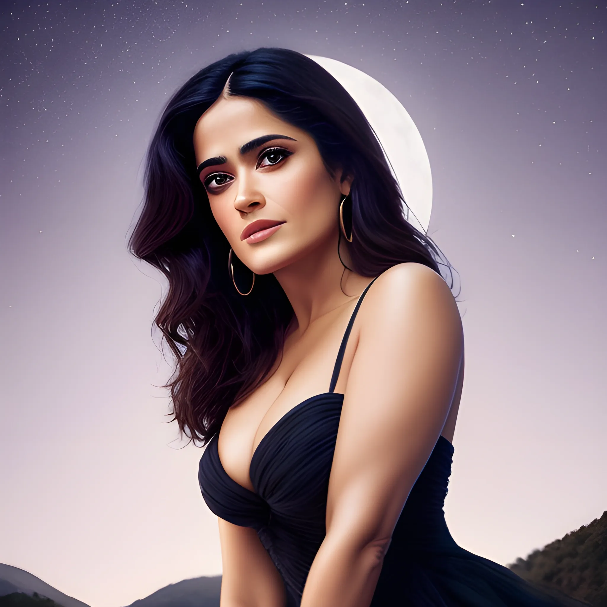 Beautiful Salma Hayek, exquisite clothing and accessories, in strong light night, realistic portrait style under moonlight