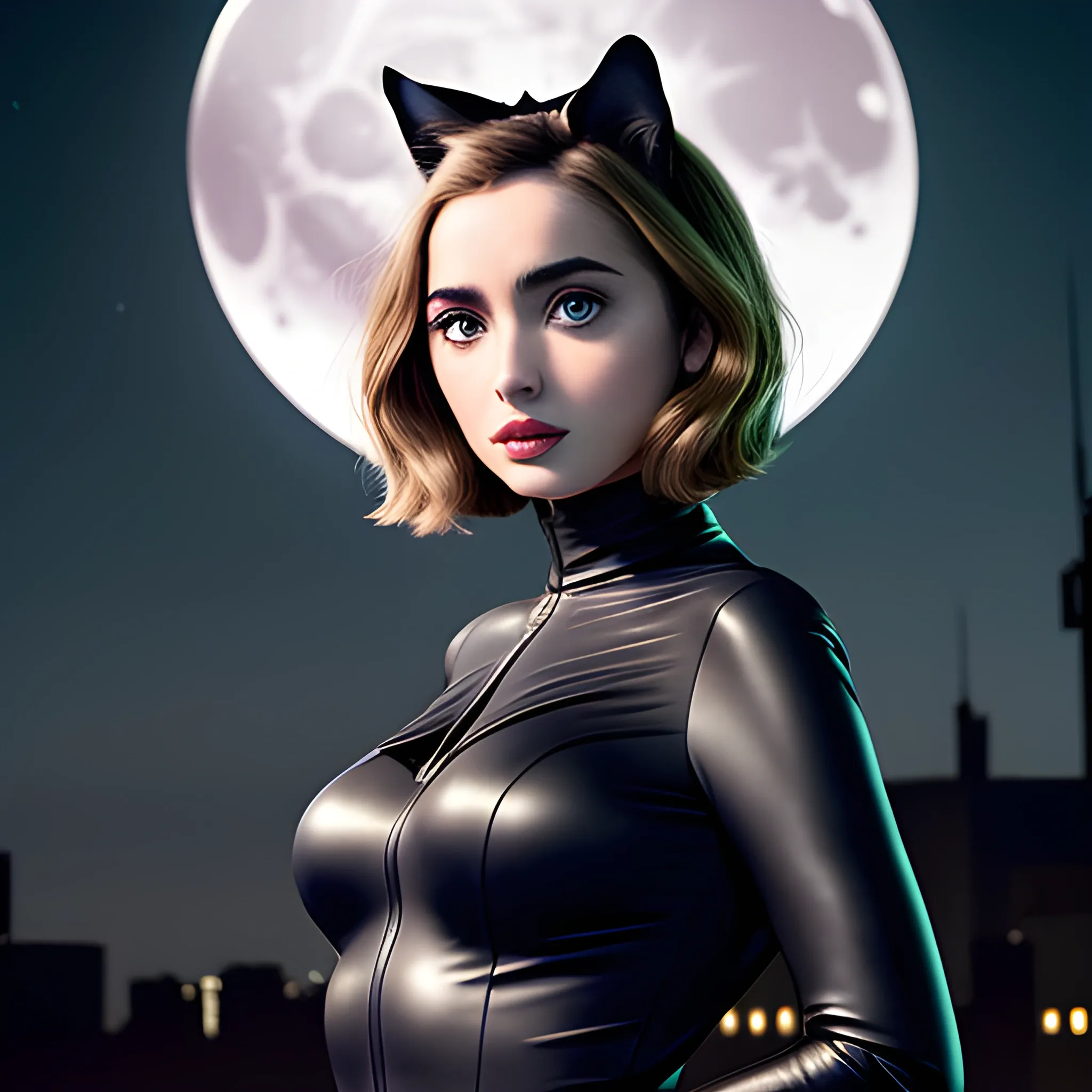 Charming Ana de Armas catwoman in strong light night, realistic portrait style under moonlight, full body shot