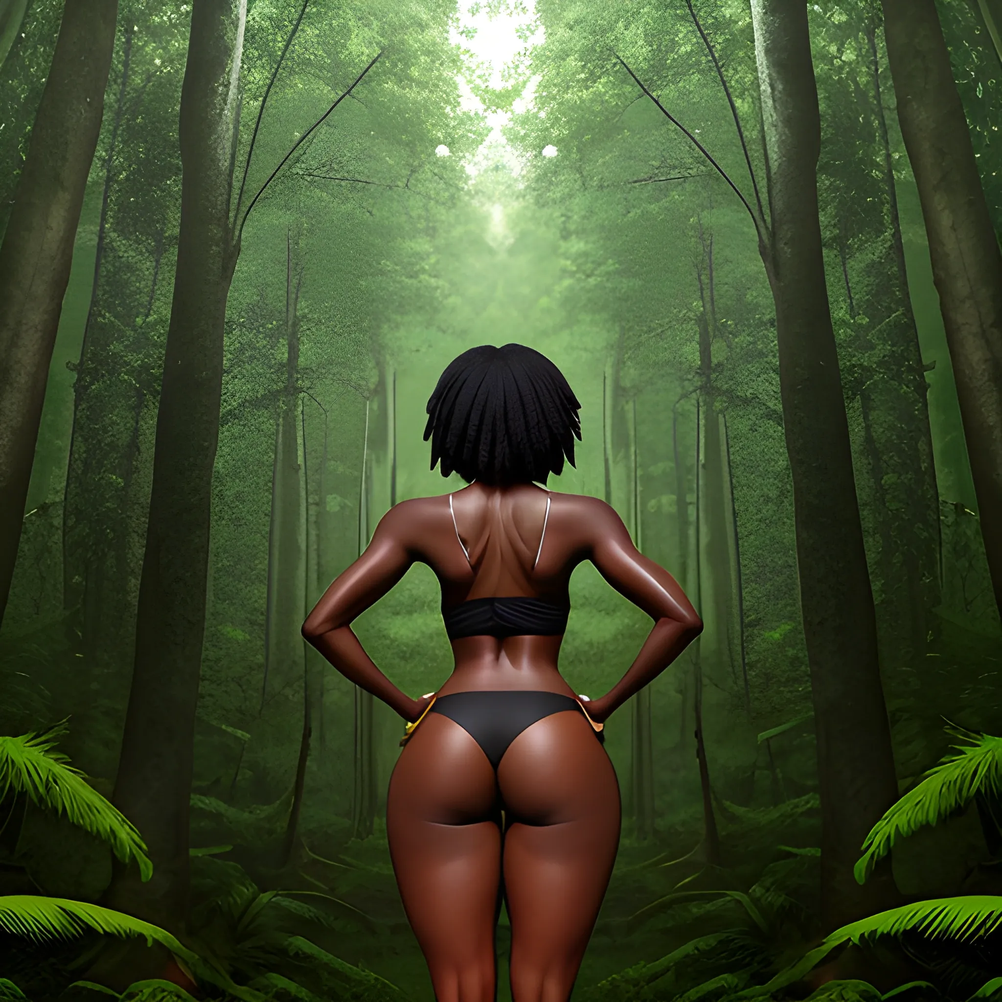 a woman in a forest with her back to the camera and a man in the background, breasts, looking_at_viewer, short_hair, multiple_girls, black_hair, 2girls, bare_shoulders, jewelry, medium_breasts, underwear, standing, panties, ass, earrings, outdoors, parted_lips, solo_focus, day, looking_back, dark_skin, from_behind, dark-skinned_female, tree, lips, crop_top, back, nature, armlet, forest, thong, realistic, bracer