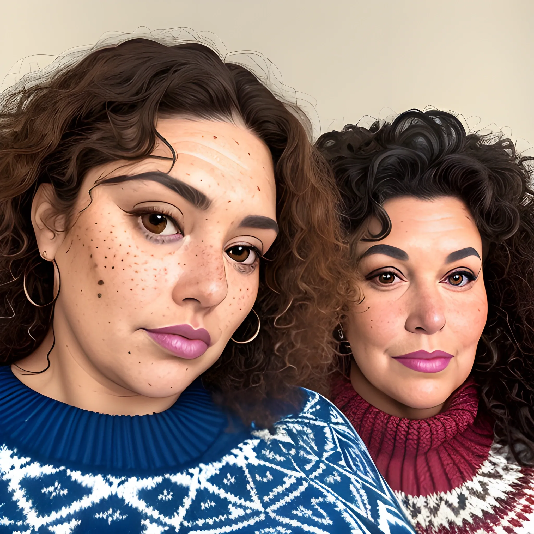 Two tall beautiful plus-sized, ample, buxom, early middle-aged, Mexican Women, long curly brown hair, full lips, full face, freckles, blue patterned sweater, looking down at the camera, up close pov, detailed