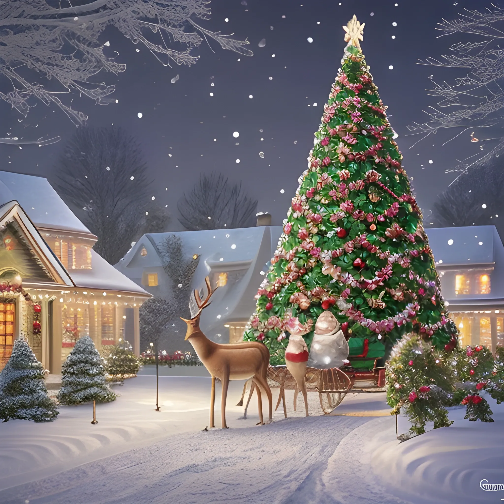 Create a realistic 3D Christmas card featuring a snow-covered street scene. The card front displays two quaint houses, each decorated with festive lights and shimmering snowflakes, nestled in a charming village radiating with Christmas spirit. A majestic Christmas tree, resembling a grand, snow-capped mountain, stands as the centerpiece, adorned with sparkling baubles, shimmering tinsel, and a glowing star atop. Gentle snowfall adds to the enchanting aroma of pine needles, filling the air with Christmas joy. The card's border is ornately designed with winter flora and shimmering Christmas ornaments. Pinecones, holly berries, and glistening snowflakes create a festive aesthetic, with intricate swirls and delicate flourishes at the top and bottom, adding elegance.

The atmosphere of the card conveys warmth, joy, and holiday cheer. Cozy houses, twinkling lights, and peaceful snowfall evoke tranquility, while the towering Christmas tree and joyous ornaments exude festive spirit. This scene embodies the essence of Christmas, celebrating love, kindness, and togetherness.

Santa Claus, cheerful and rosy-cheeked, rides his reindeer through the snow, carrying gifts. His presence adds a magical touch, symbolizing the warmth and goodwill of the season. In the foreground, a group of people gathers around the Christmas tree, their faces alight with smiles and laughter. They exchange gifts, share hugs, and toast to the season, encapsulating the spirit of Christmas. This joyous celebration highlights the essence of the holiday—love, togetherness, and the spirit of giving., Cartoon