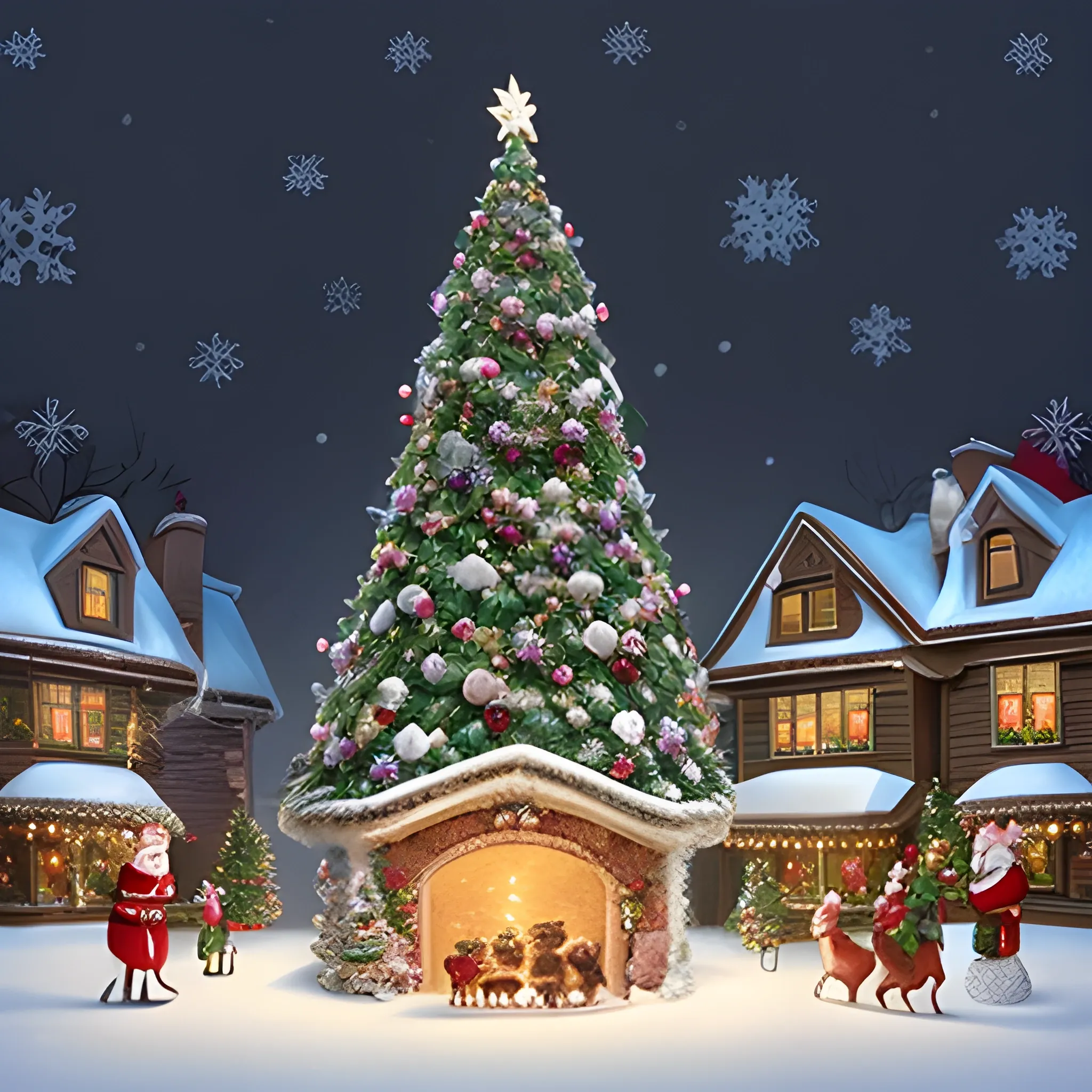 Create a realistic 3D Christmas card featuring a snow-covered street scene. The card front displays two quaint houses, each decorated with festive lights and shimmering snowflakes, nestled in a charming village radiating with Christmas spirit. A majestic Christmas tree, resembling a grand, snow-capped mountain, stands as the centerpiece, adorned with sparkling baubles, shimmering tinsel, and a glowing star atop. Gentle snowfall adds to the enchanting aroma of pine needles, filling the air with Christmas joy. The card's border is ornately designed with winter flora and shimmering Christmas ornaments. Pinecones, holly berries, and glistening snowflakes create a festive aesthetic, with intricate swirls and delicate flourishes at the top and bottom, adding elegance.

The atmosphere of the card conveys warmth, joy, and holiday cheer. Cozy houses, twinkling lights, and peaceful snowfall evoke tranquility, while the towering Christmas tree and joyous ornaments exude festive spirit. This scene embodies the essence of Christmas, celebrating love, kindness, and togetherness.

Santa Claus, cheerful and rosy-cheeked, rides his reindeer through the snow, carrying gifts. His presence adds a magical touch, symbolizing the warmth and goodwill of the season. In the foreground, a group of people gathers around the Christmas tree, their faces alight with smiles and laughter. They exchange gifts, share hugs, and toast to the season, encapsulating the spirit of Christmas. This joyous celebration highlights the essence of the holiday—love, togetherness, and the spirit of giving., Cartoon, 3D