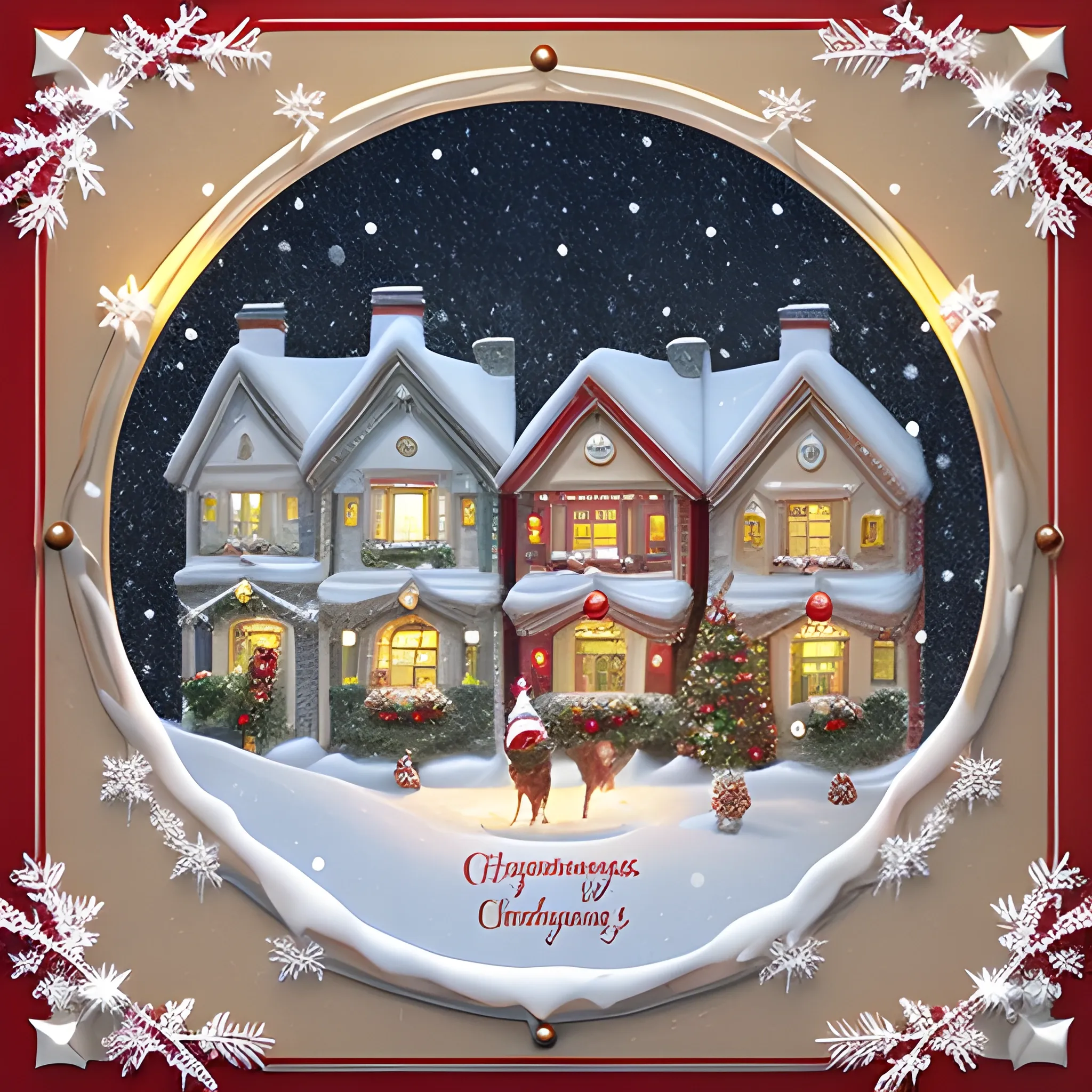 Create a realistic 3D Christmas card featuring a snow-covered street scene. The card front displays two quaint houses, each decorated with festive lights and shimmering snowflakes, nestled in a charming village radiating with Christmas spirit. A majestic Christmas tree, resembling a grand, snow-capped mountain, stands as the centerpiece, adorned with sparkling baubles, shimmering tinsel, and a glowing star atop. Gentle snowfall adds to the enchanting aroma of pine needles, filling the air with Christmas joy. The card's border is ornately designed with winter flora and shimmering Christmas ornaments. Pinecones, holly berries, and glistening snowflakes create a festive aesthetic, with intricate swirls and delicate flourishes at the top and bottom, adding elegance.

The atmosphere of the card conveys warmth, joy, and holiday cheer. Cozy houses, twinkling lights, and peaceful snowfall evoke tranquility, while the towering Christmas tree and joyous ornaments exude festive spirit. This scene embodies the essence of Christmas, celebrating love, kindness, and togetherness.

Santa Claus, cheerful and rosy-cheeked, rides his reindeer through the snow, carrying gifts. His presence adds a magical touch, symbolizing the warmth and goodwill of the season. In the foreground, a group of people gathers around the Christmas tree, their faces alight with smiles and laughter. They exchange gifts, share hugs, and toast to the season, encapsulating the spirit of Christmas. This joyous celebration highlights the essence of the holiday—love, togetherness, and the spirit of giving.,  3D