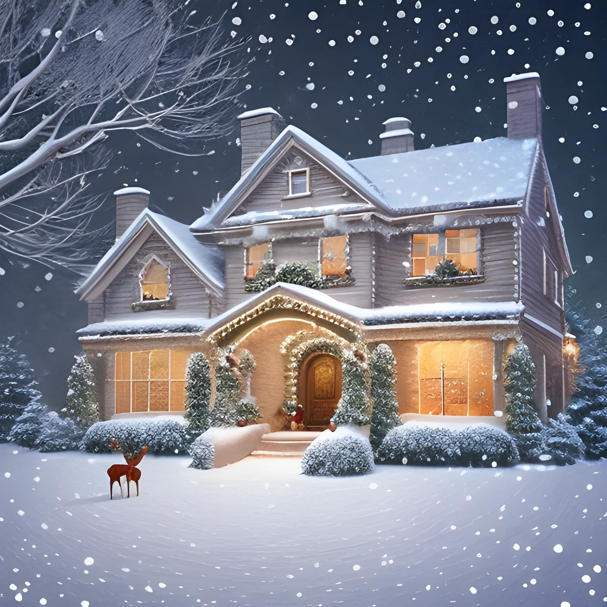 Create a realistic 3D Christmas card featuring a snow-covered street scene. The card front displays two quaint houses, each decorated with festive lights and shimmering snowflakes, nestled in a charming village radiating with Christmas spirit. A majestic Christmas tree, resembling a grand, snow-capped mountain, stands as the centerpiece, adorned with sparkling baubles, shimmering tinsel, and a glowing star atop. Gentle snowfall adds to the enchanting aroma of pine needles, filling the air with Christmas joy. The card's border is ornately designed with winter flora and shimmering Christmas ornaments. Pinecones, holly berries, and glistening snowflakes create a festive aesthetic, with intricate swirls and delicate flourishes at the top and bottom, adding elegance.

The atmosphere of the card conveys warmth, joy, and holiday cheer. Cozy houses, twinkling lights, and peaceful snowfall evoke tranquility, while the towering Christmas tree and joyous ornaments exude festive spirit. This scene embodies the essence of Christmas, celebrating love, kindness, and togetherness.

Santa Claus, cheerful and rosy-cheeked, rides his reindeer through the snow, carrying gifts. His presence adds a magical touch, symbolizing the warmth and goodwill of the season. In the foreground, a group of people gathers around the Christmas tree, their faces alight with smiles and laughter. They exchange gifts, share hugs, and toast to the season, encapsulating the spirit of Christmas. This joyous celebration highlights the essence of the holiday—love, togetherness, and the spirit of giving.,  Pencil Sketch