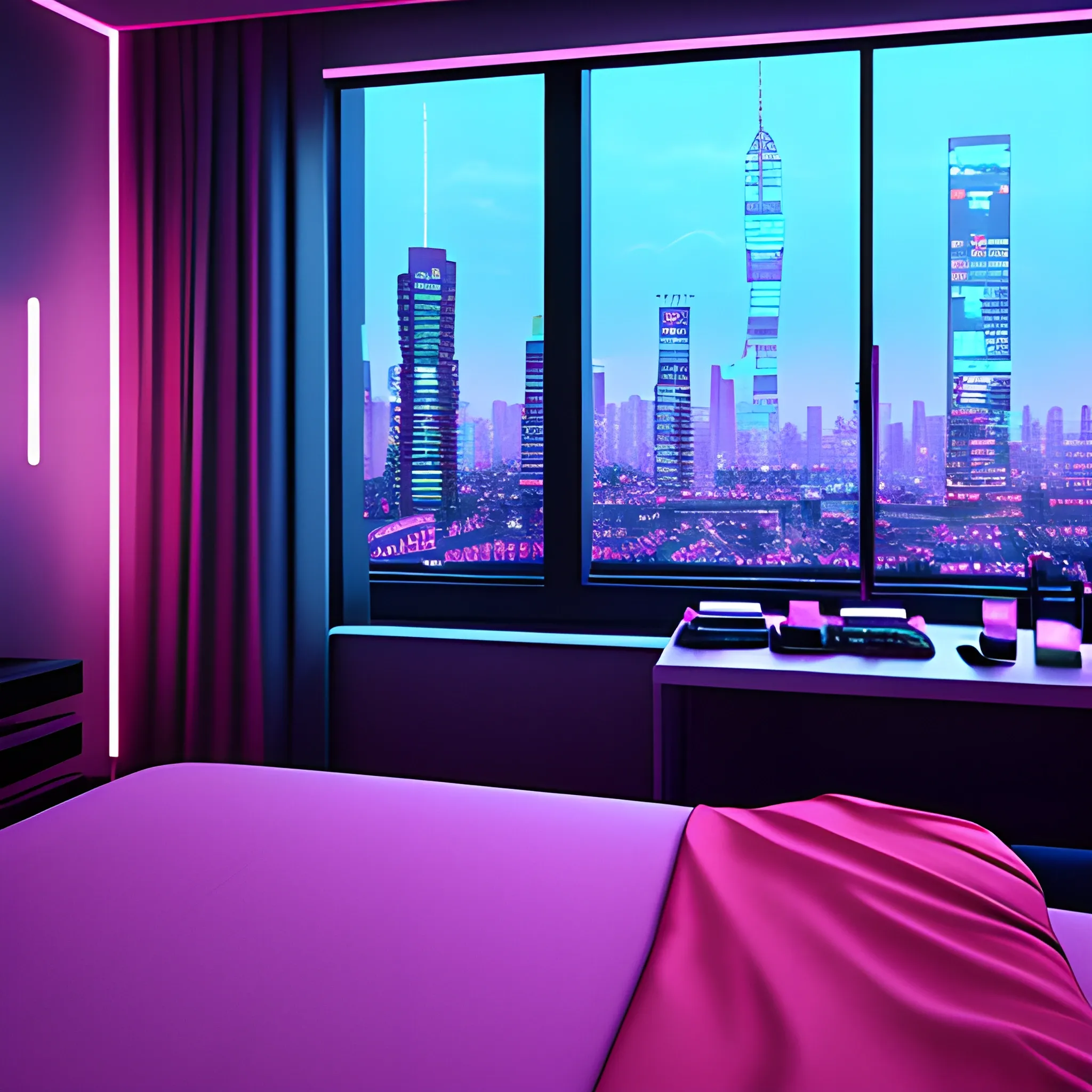 « inside a girl room, cyberpunk vibe, neon glowing lights, sharp focus, photorealistic, unreal engine 5, girl in the bed, window that shows the skyscrapers in the background »